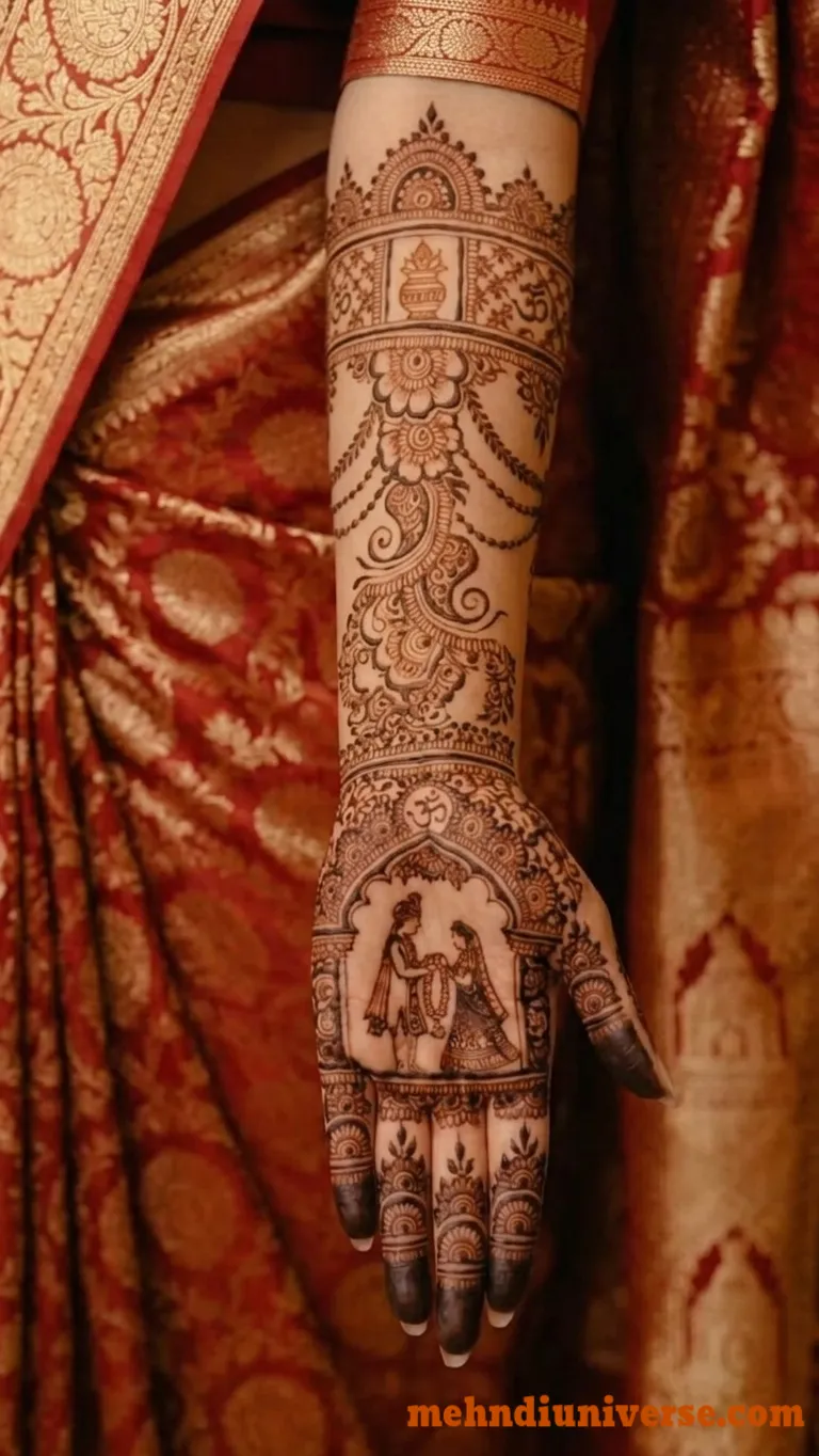 Bridal mehndi design on full hand with Vedic varmala pattern on palm 03  v1
