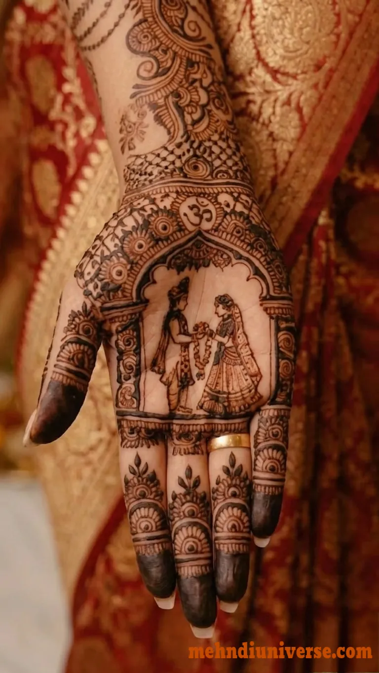 Bridal mehndi design on full hand with Vedic varmala pattern on palm 03  v2