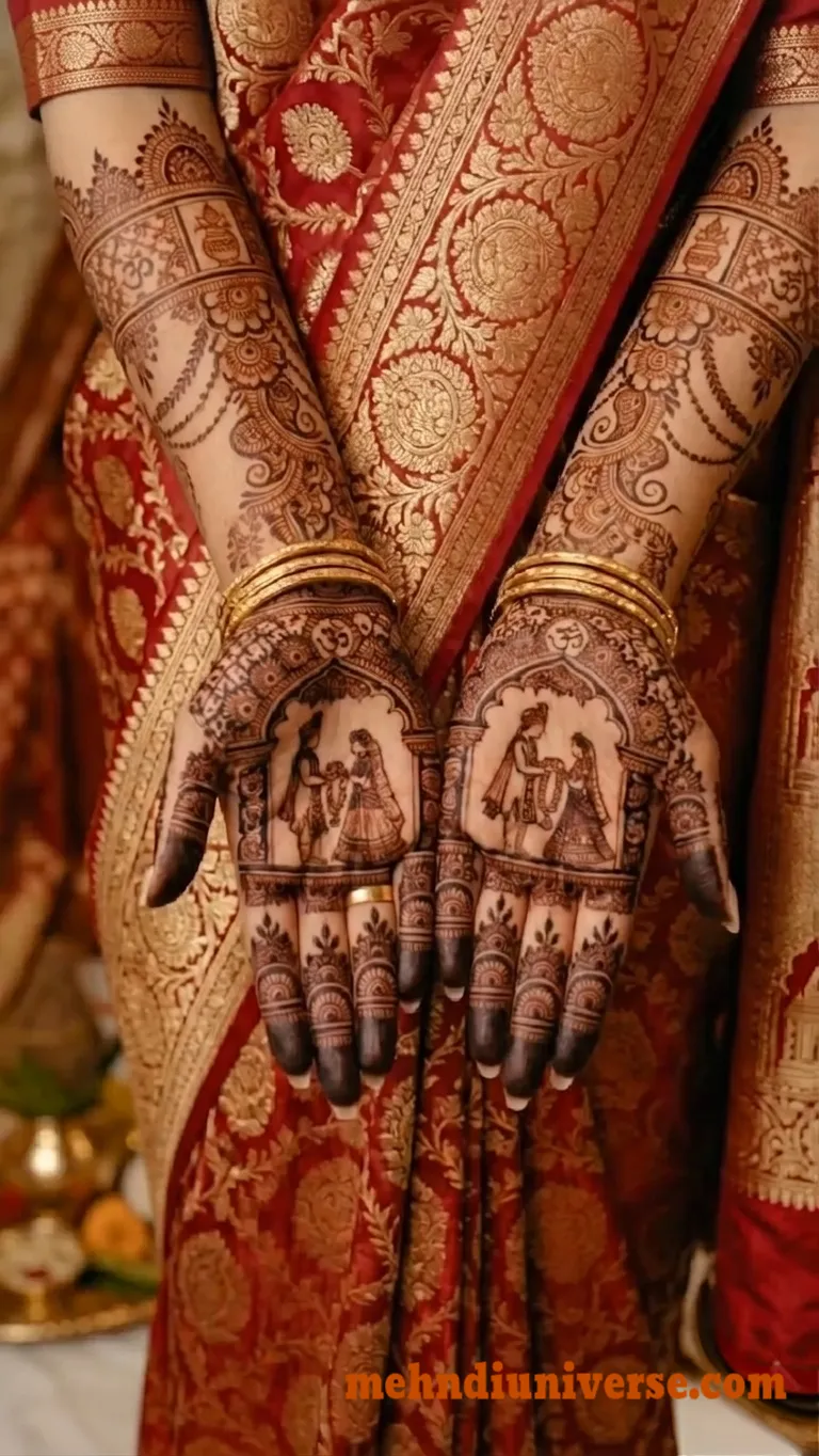 Bridal mehndi design on full hand with Vedic varmala pattern on palm 03 