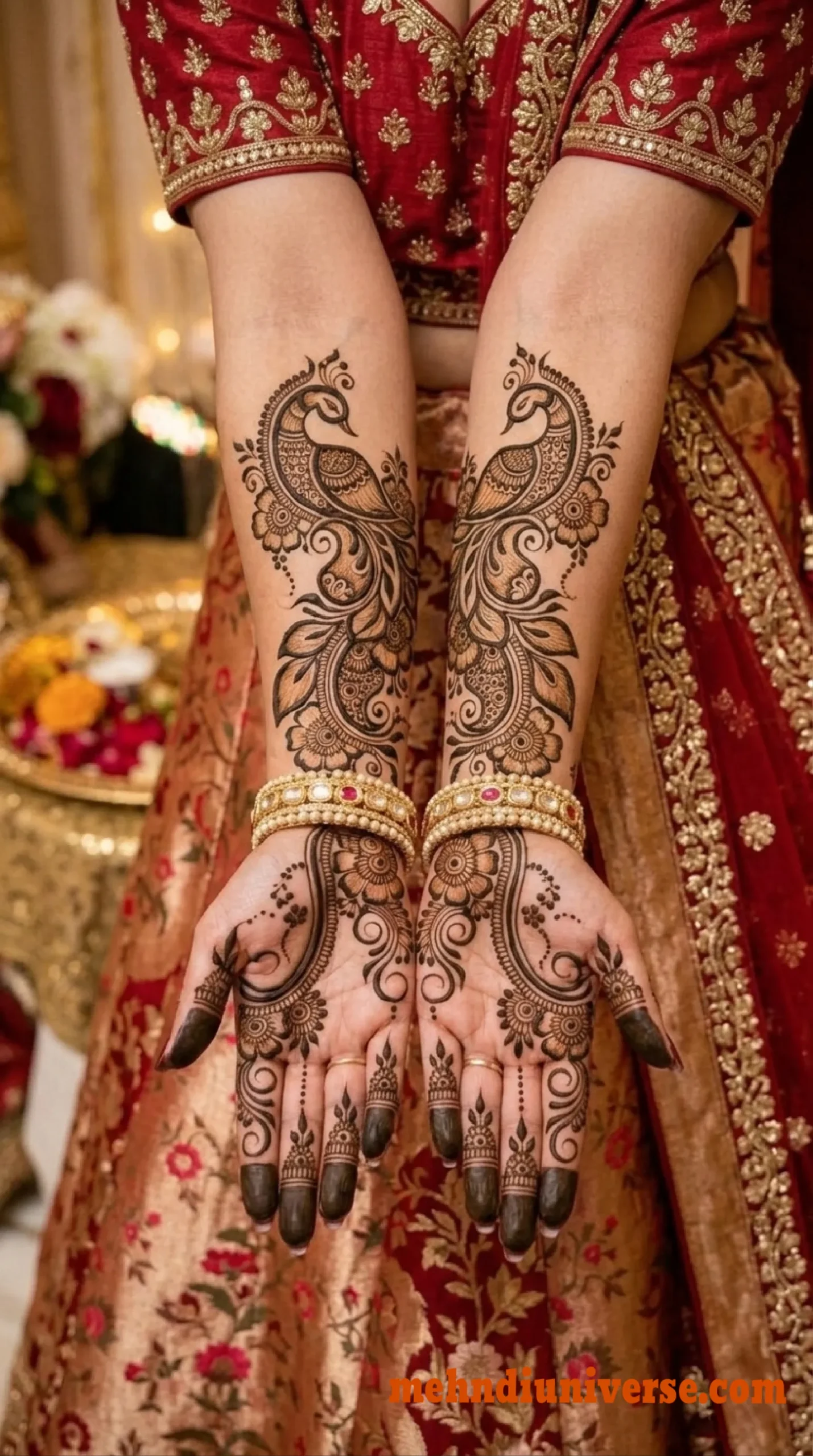 Arabic bridal mehndi design with peacock trail on full hand 05 v2