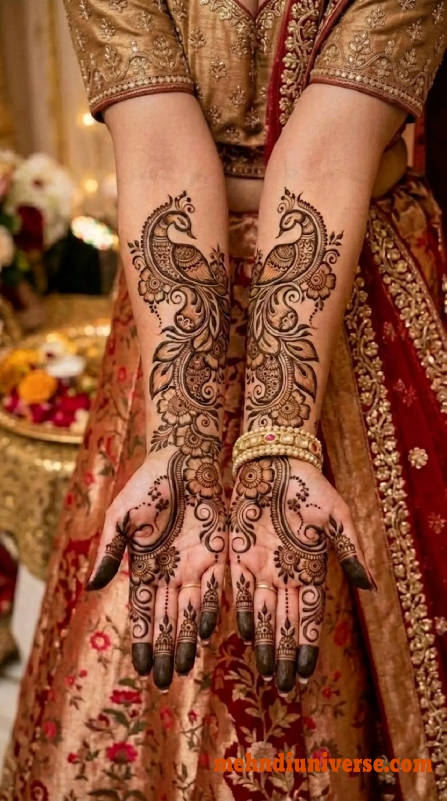 Arabic bridal mehndi design with peacock trail on full hand 05