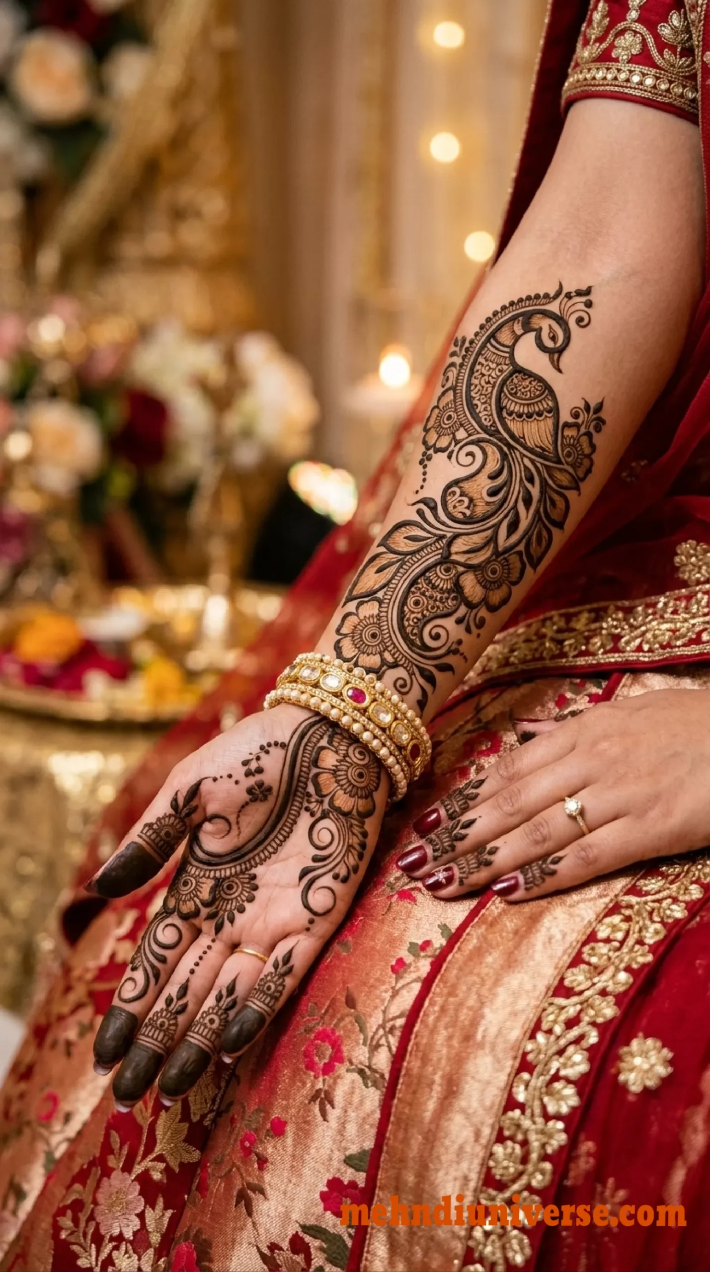 Arabic bridal mehndi design with peacock trail on full hand 05 v1