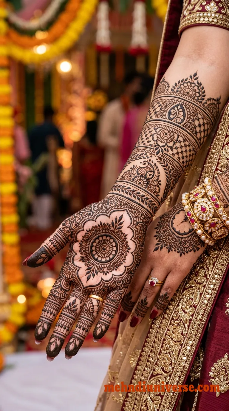 Royal bridal mehndi design on full hand featuring mandala and peacock motifs 01
