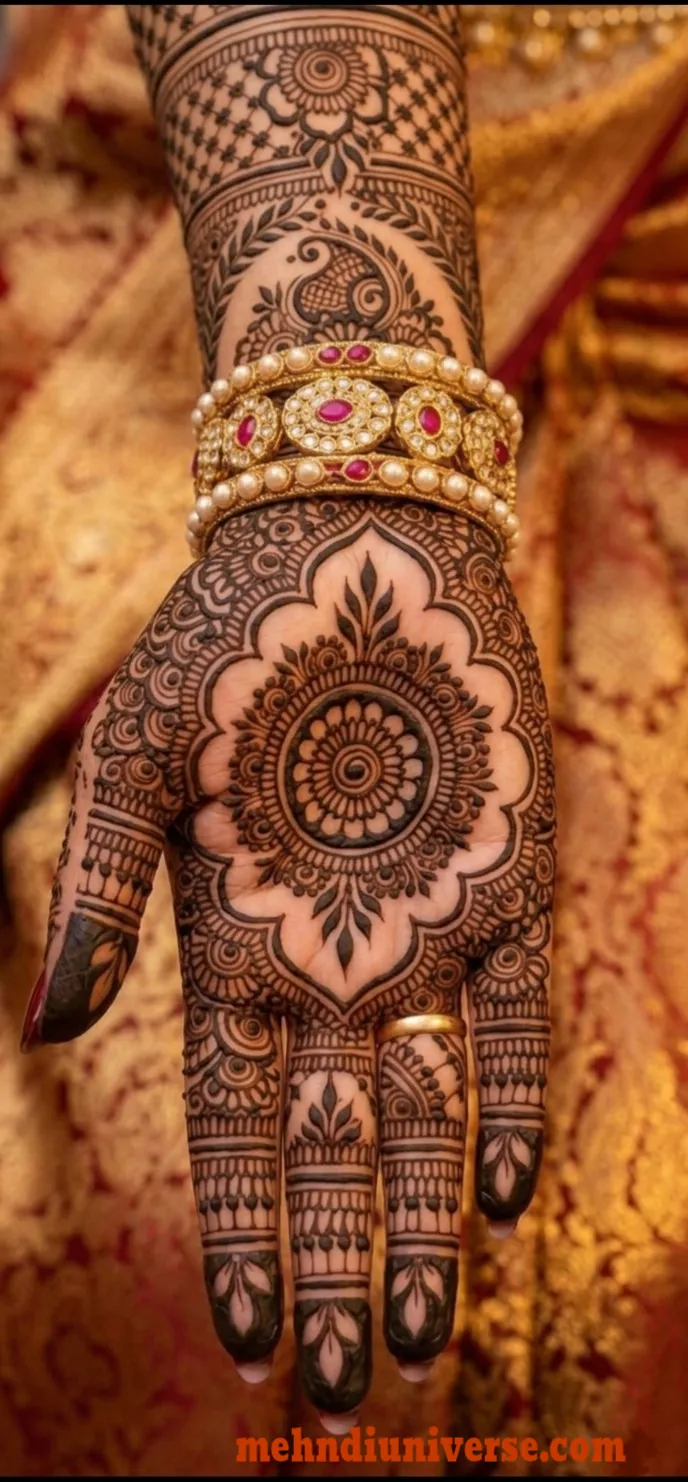 Royal bridal mehndi design on full hand featuring mandala and peacock motifs 01 v2
