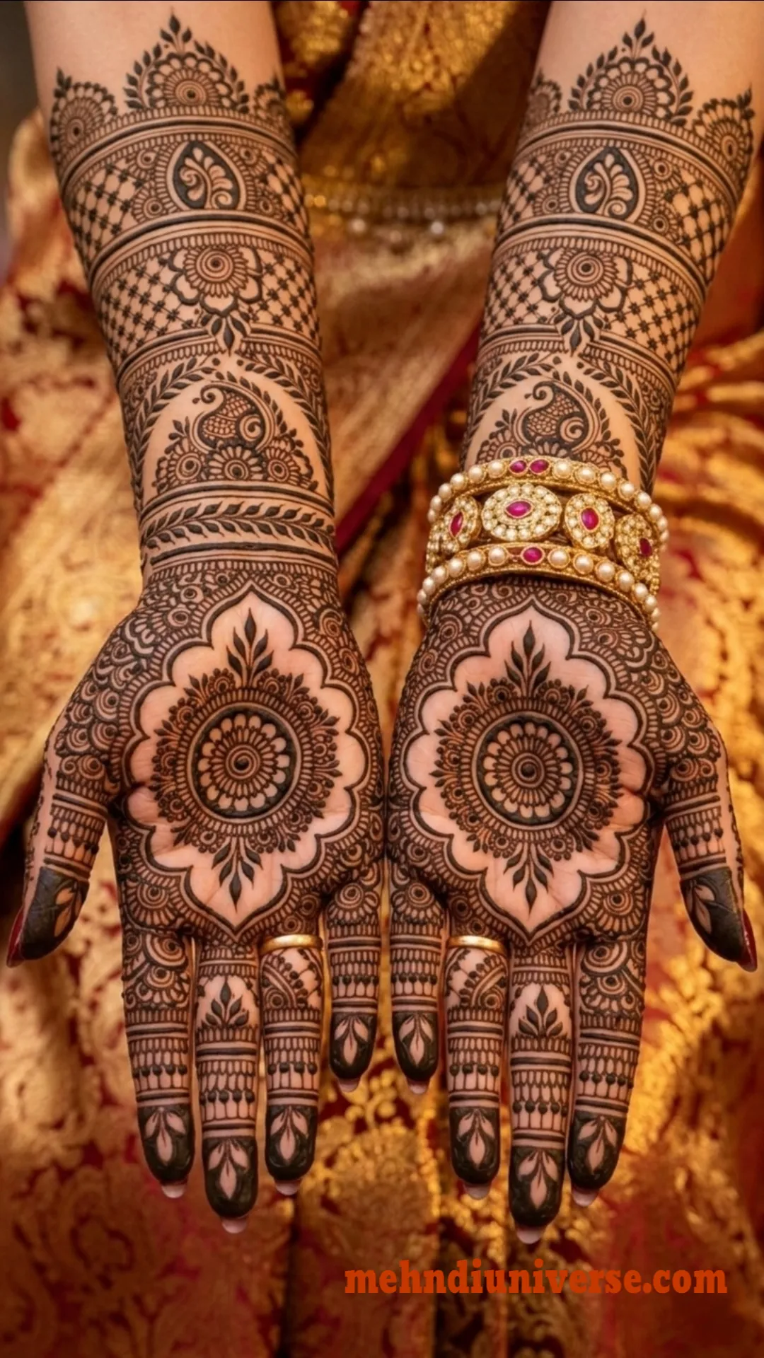 Royal bridal mehndi design on full hand featuring mandala and peacock motifs 01 v1