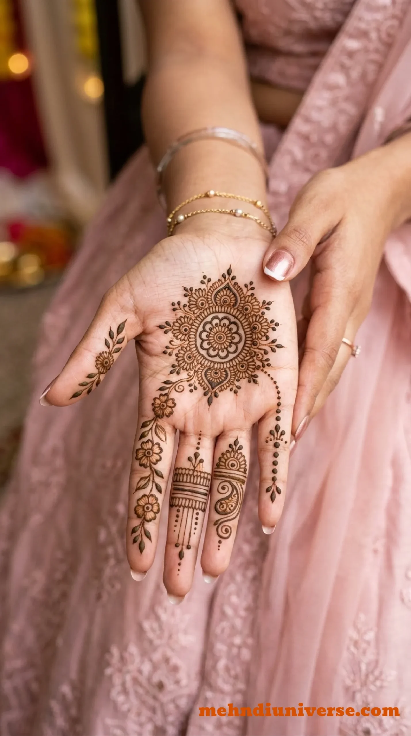Simple bridal mehndi design with floral mandala pattern on front hand 03 v1