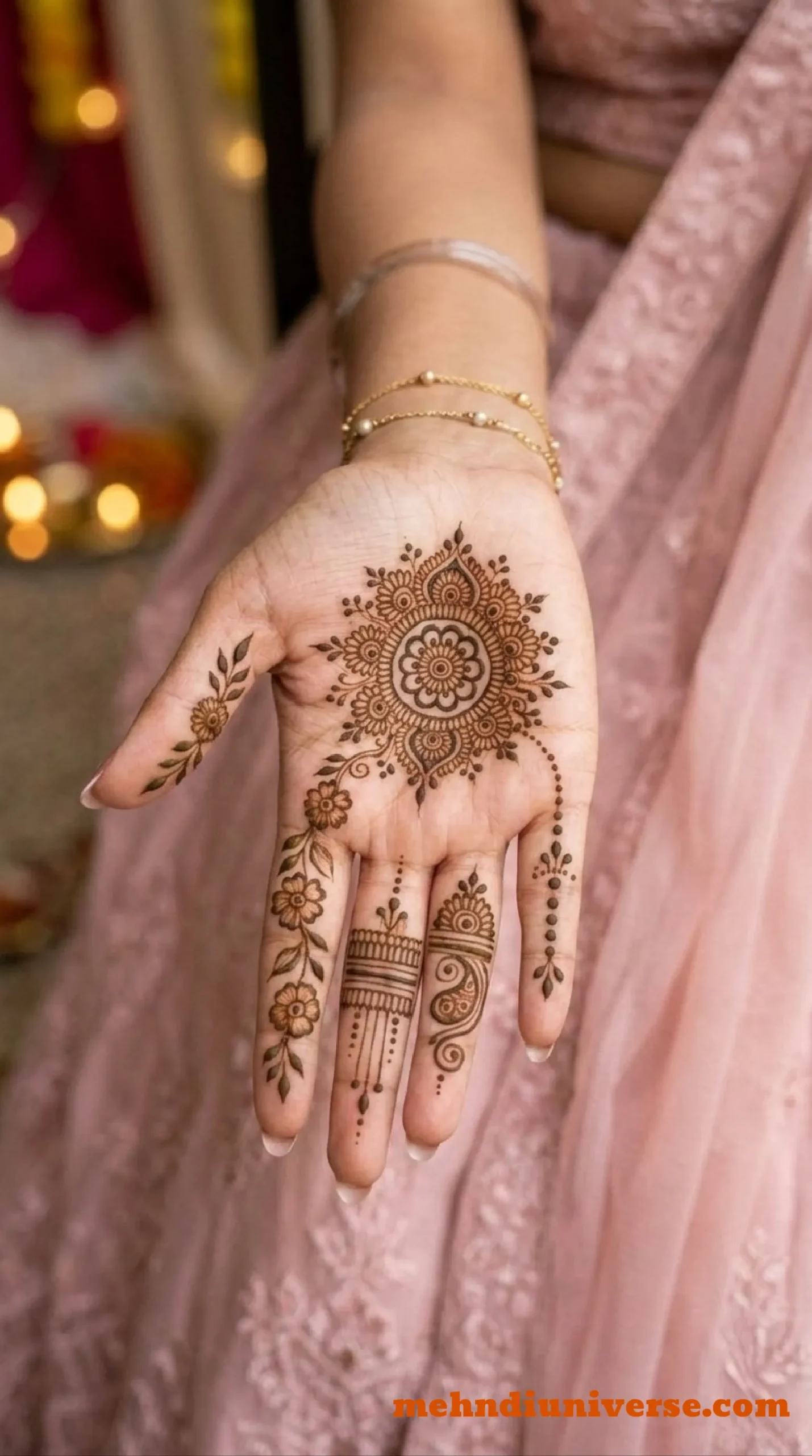 Simple bridal mehndi design with floral mandala pattern on front hand 03 v2