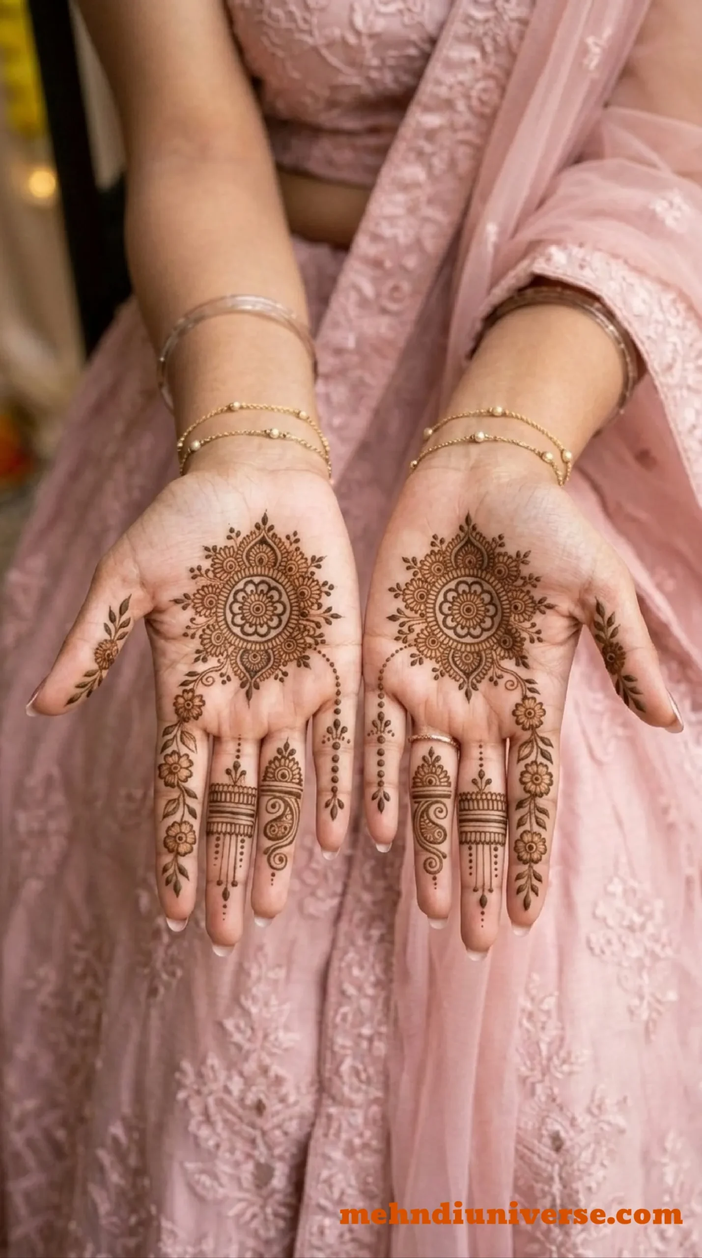 Simple bridal mehndi design with floral mandala pattern on front hand 03