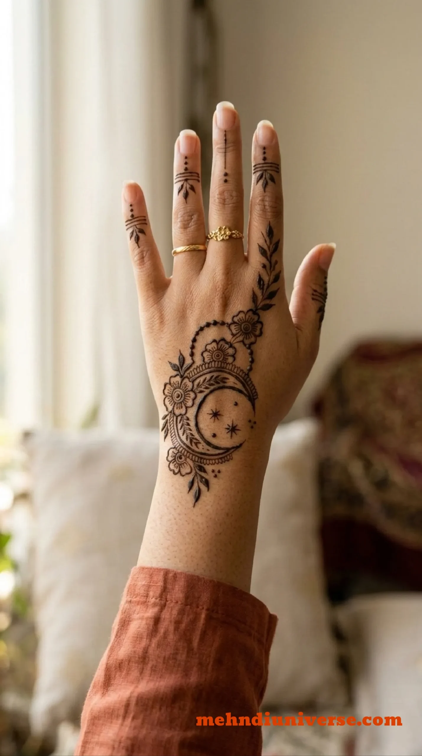 Simple celestial mehndi design with moon blossom pattern on back hands 17 v1