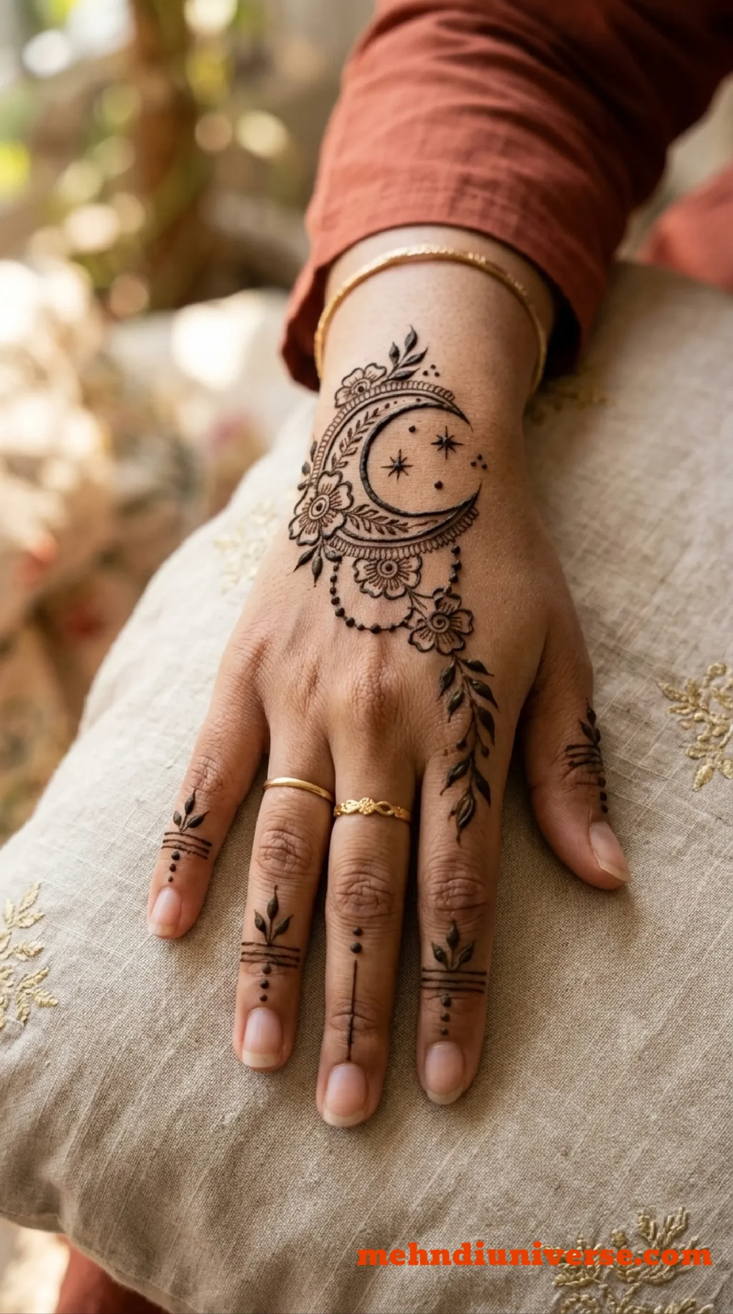 Simple celestial mehndi design with moon blossom pattern on back hands 17 v2