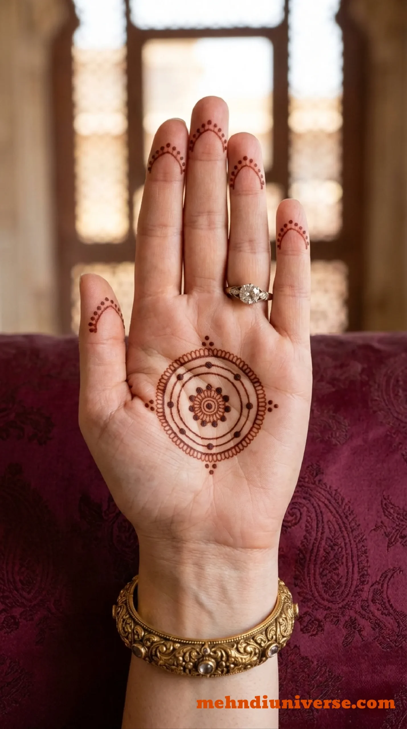 Simple minimal mehndi design with concentric mandala pattern on front hands 010 v2