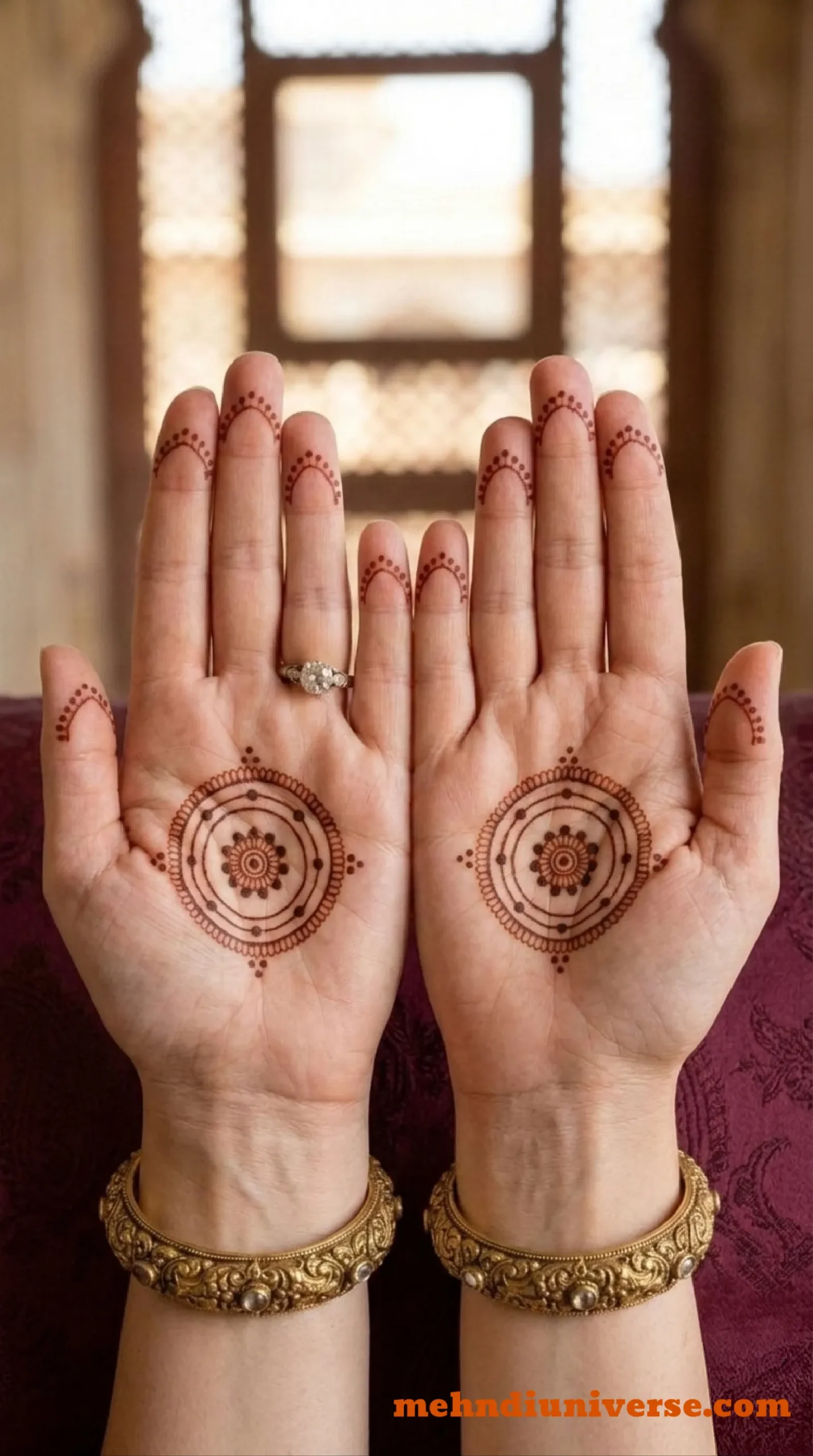 Simple minimal mehndi design with concentric mandala pattern on front hands 010