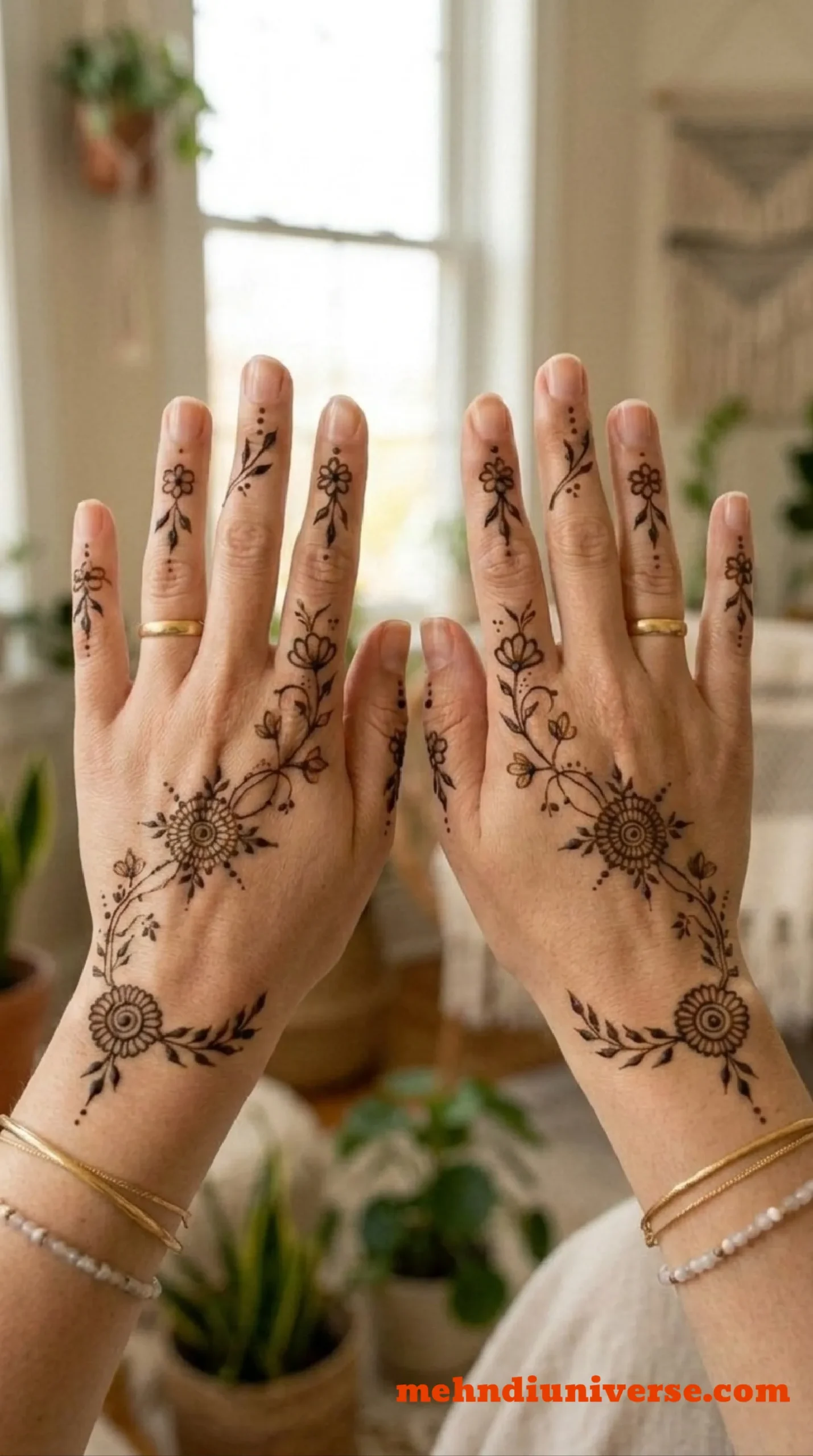 Simple delicate mehndi design with floral vine pattern on back hands 18