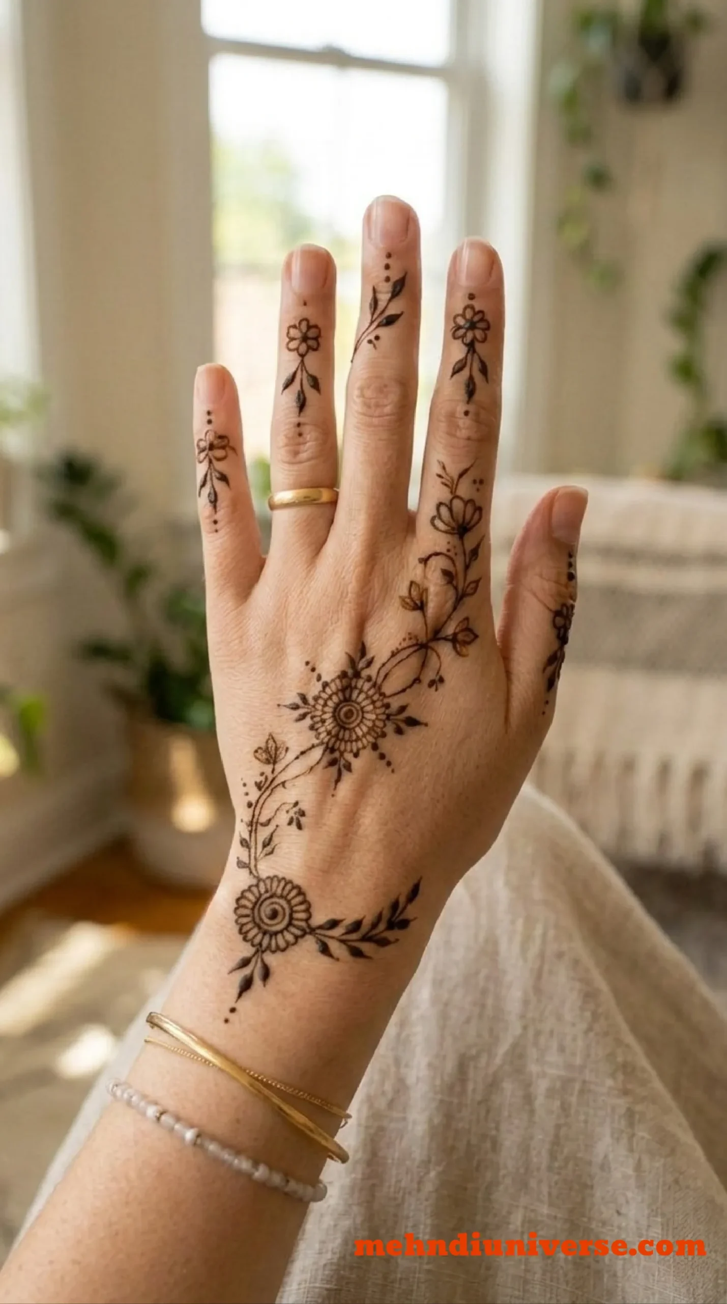 Simple delicate mehndi design with floral vine pattern on back hands 18 v2
