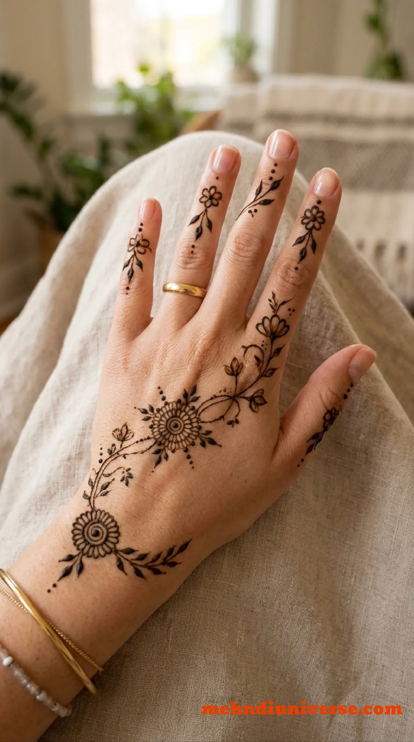 Simple delicate mehndi design with floral vine pattern on back hands 18 v1