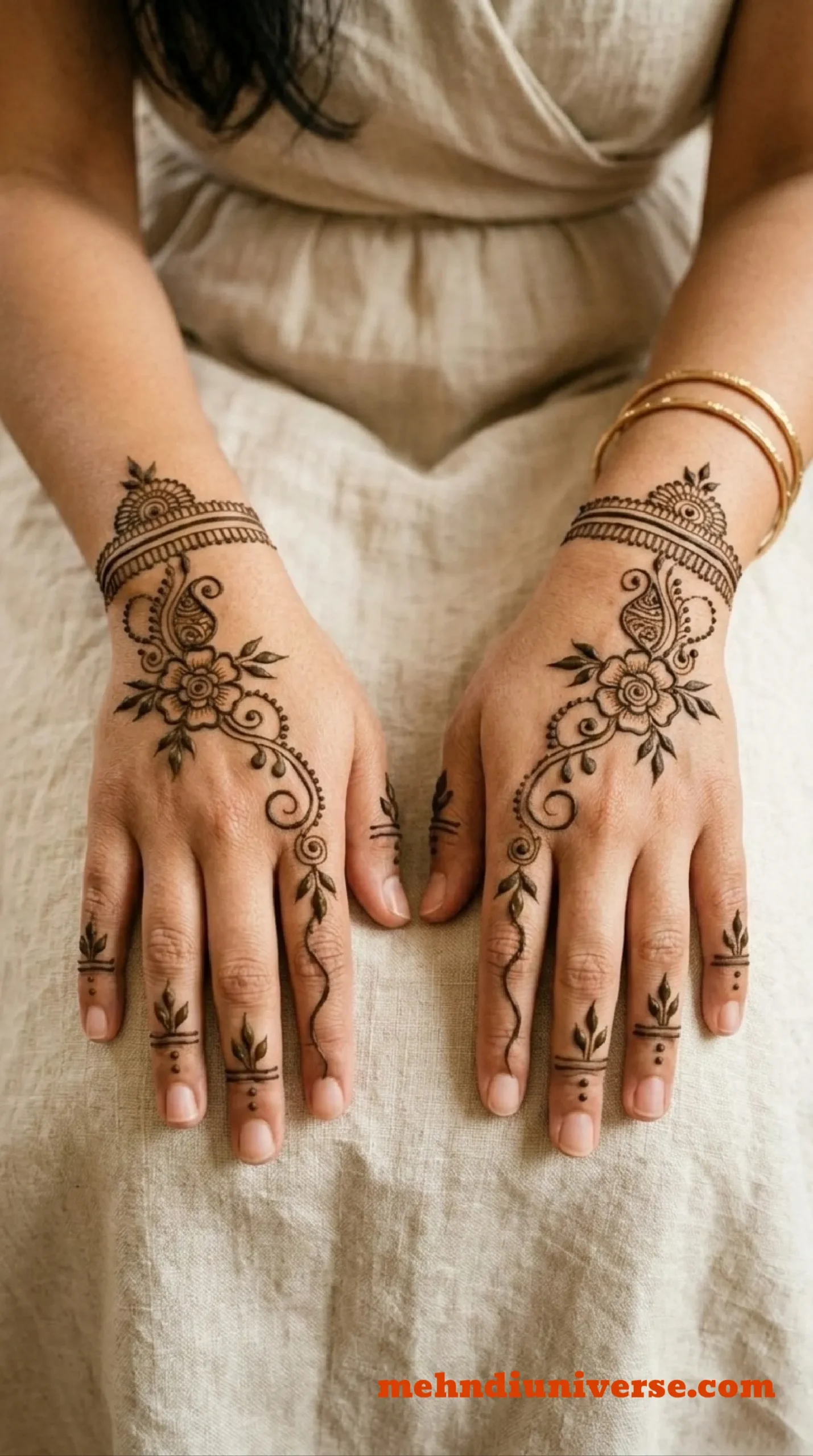 Simple elegant mehndi design with paisley floral pattern on back hands 19