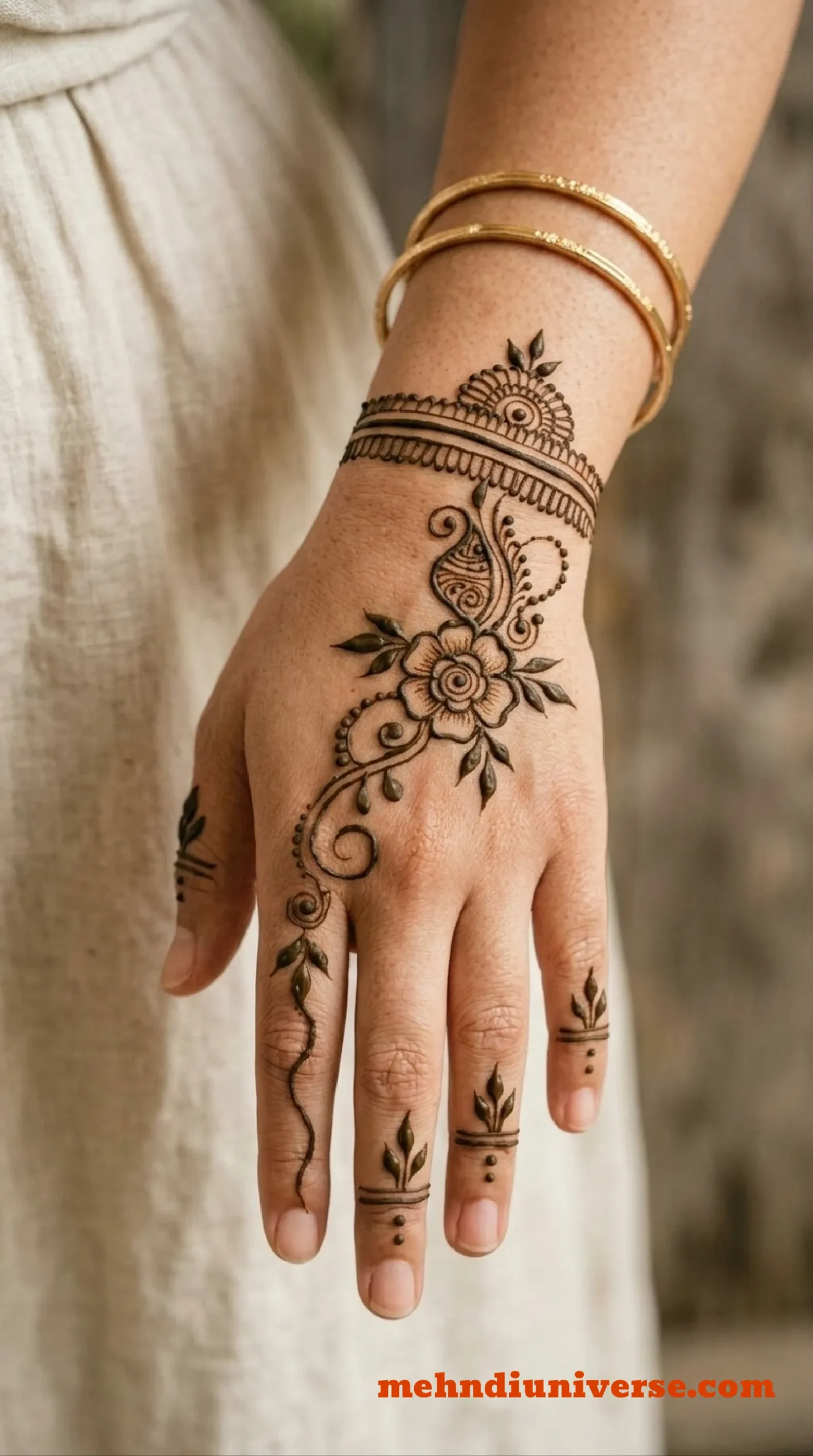 Simple elegant mehndi design with paisley floral pattern on back hands 19 v2