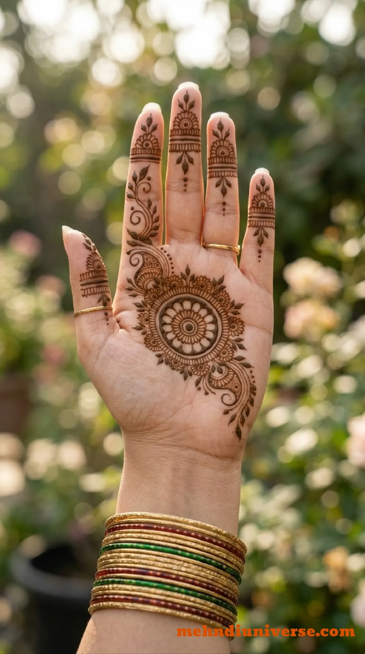 Simple floral mandala mehndi design on wedding and bridal front hand 08 v1