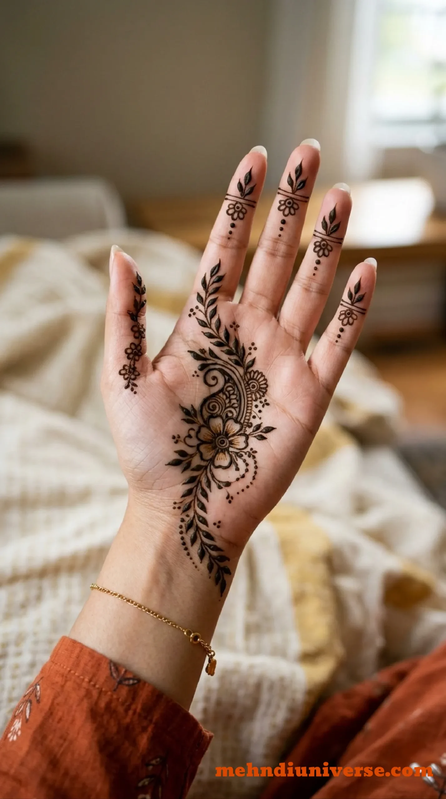 Simple mehndi design with floral paisley cascade pattern on front hand 05 v1