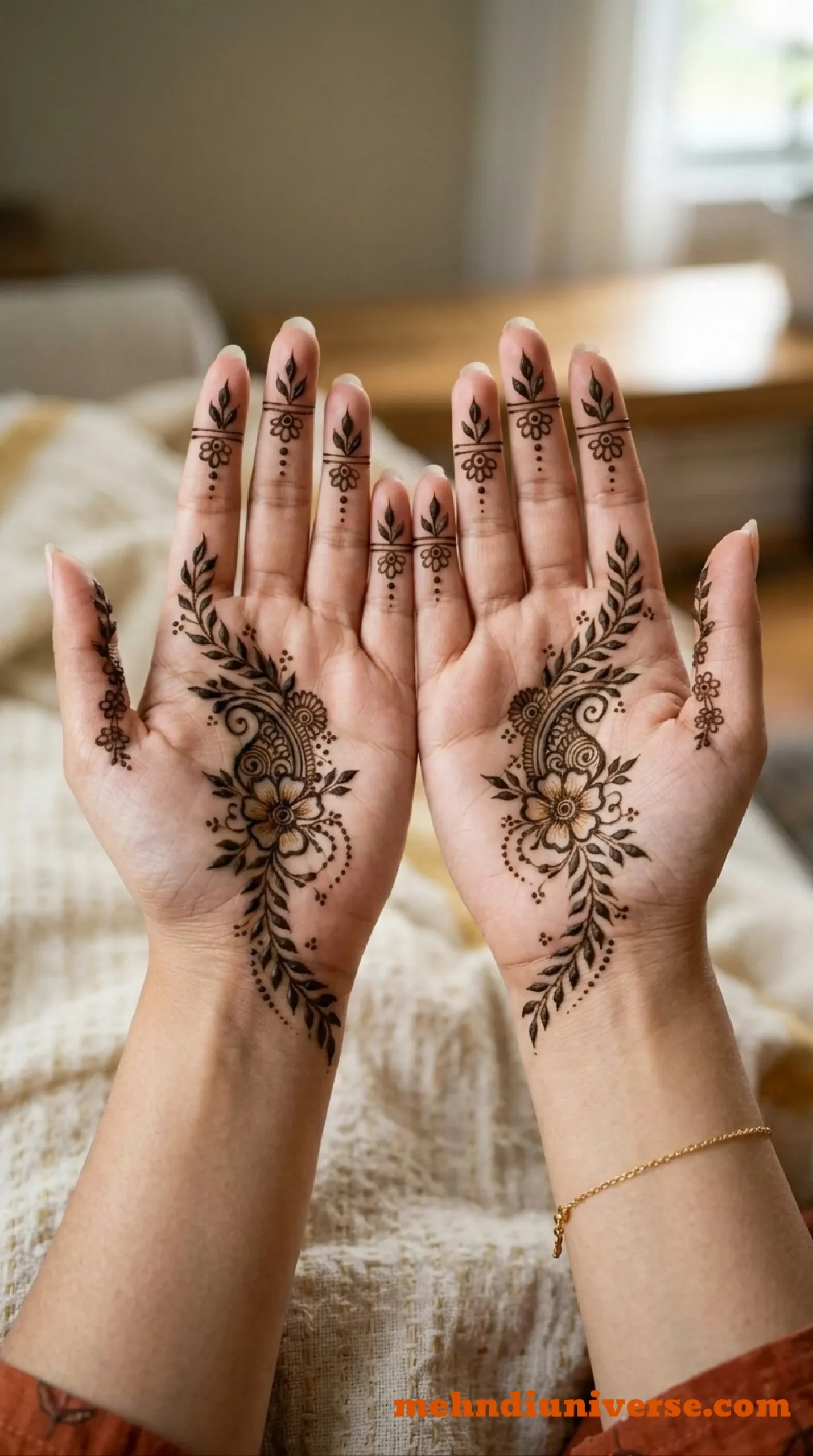 Simple mehndi design with floral paisley cascade pattern on front hand 05