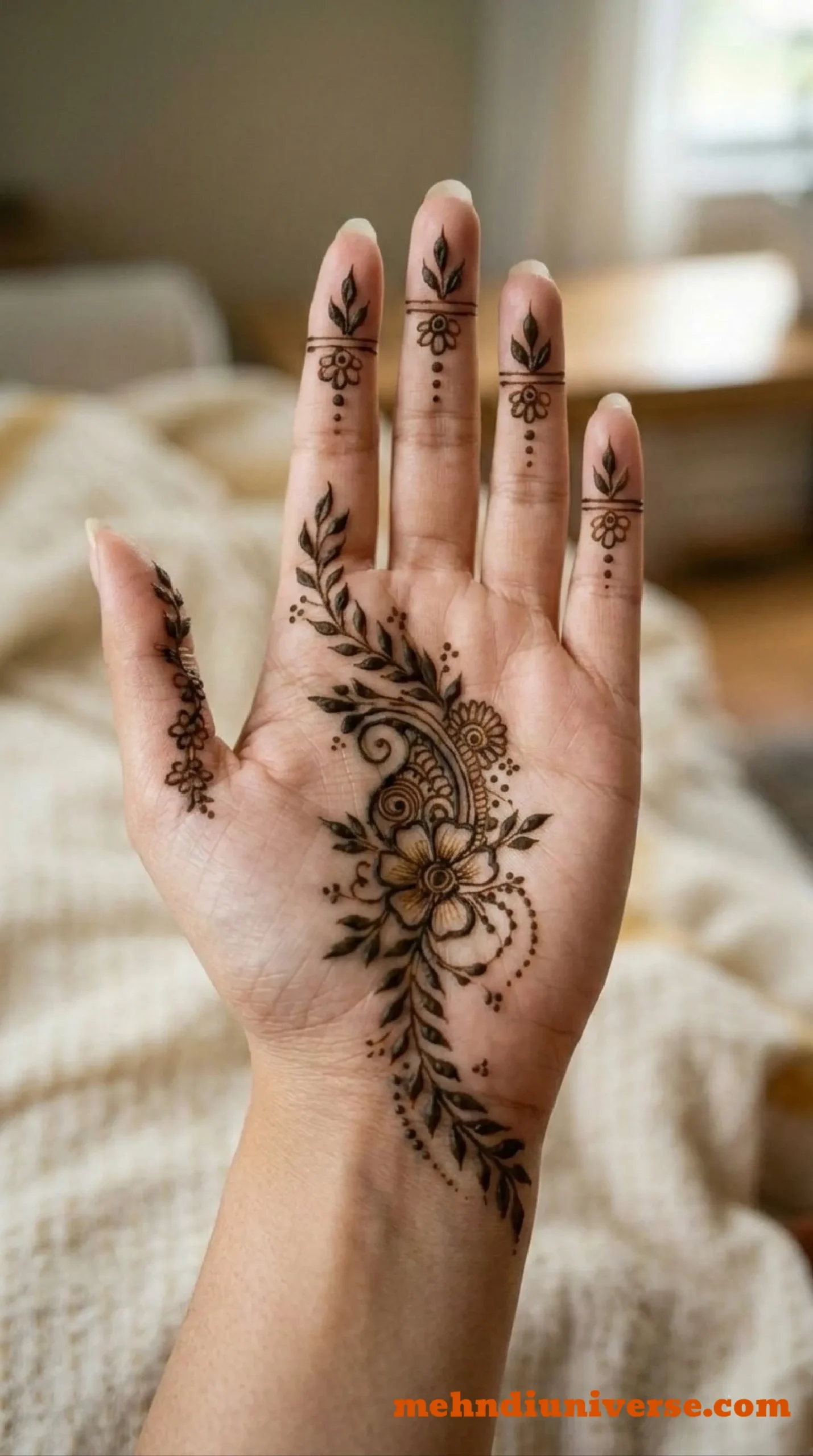 Simple mehndi design with floral paisley cascade pattern on front hand 05 v2