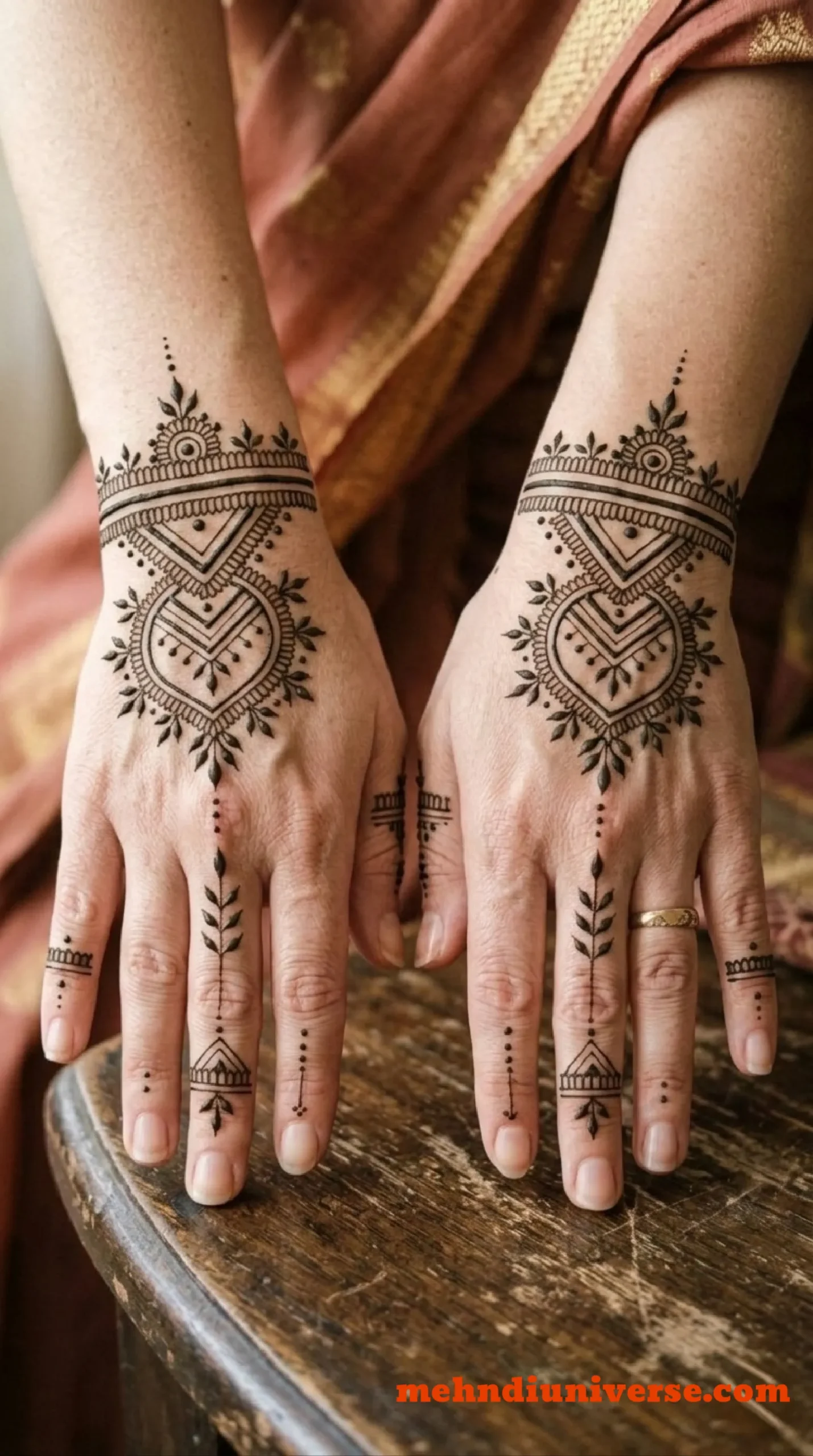 Simple mehndi design with geometric heart pattern on wedding back hand 14 v1