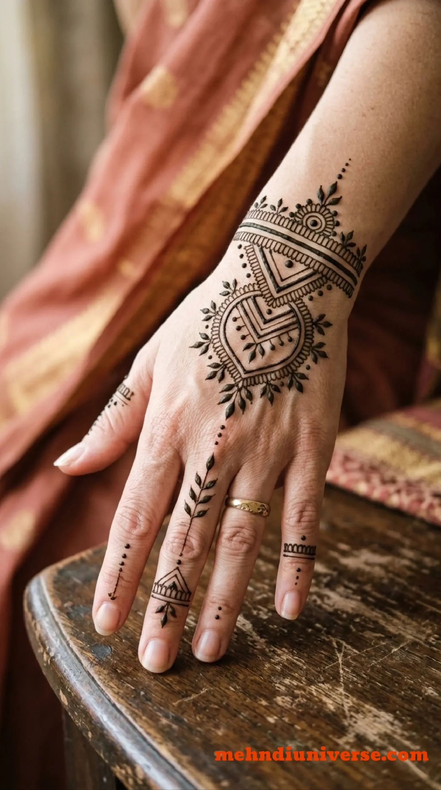 Simple mehndi design with geometric heart pattern on wedding back hand 14