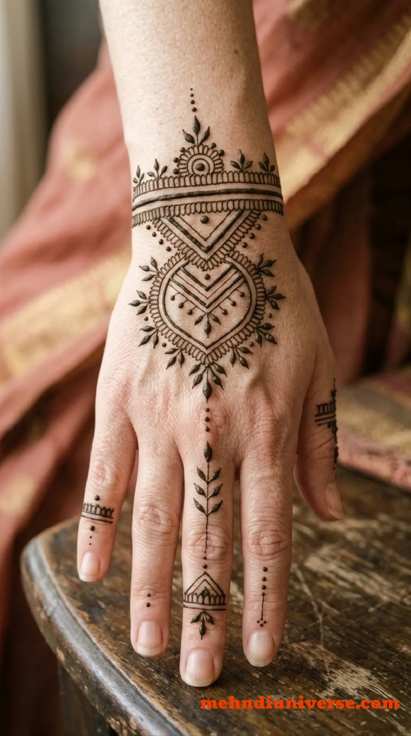 Simple mehndi design with geometric heart pattern on wedding back hand 14 v2