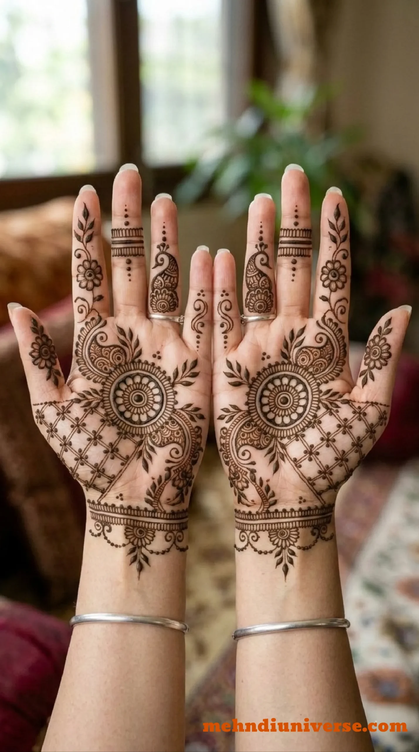 Simple mehndi design with mandala and peacock pattern on palm and front hand 06
