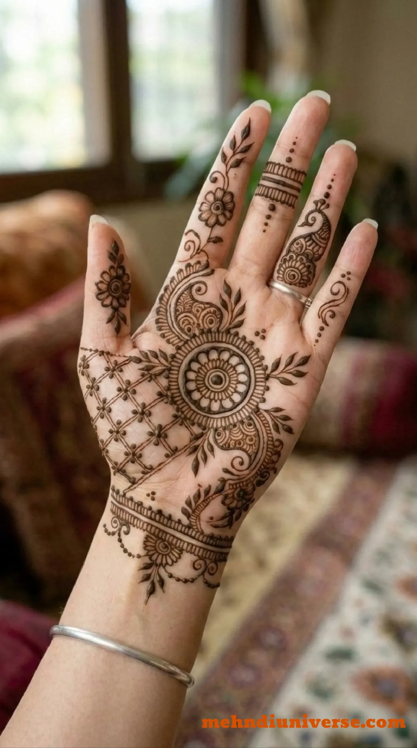 Simple mehndi design with mandala and peacock pattern on palm and front hand 06  v1
