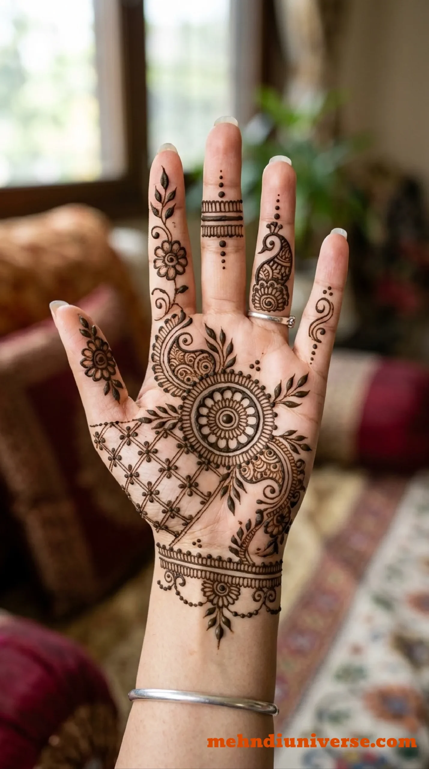Simple mehndi design with mandala and peacock pattern on palm and front hand 06  v2