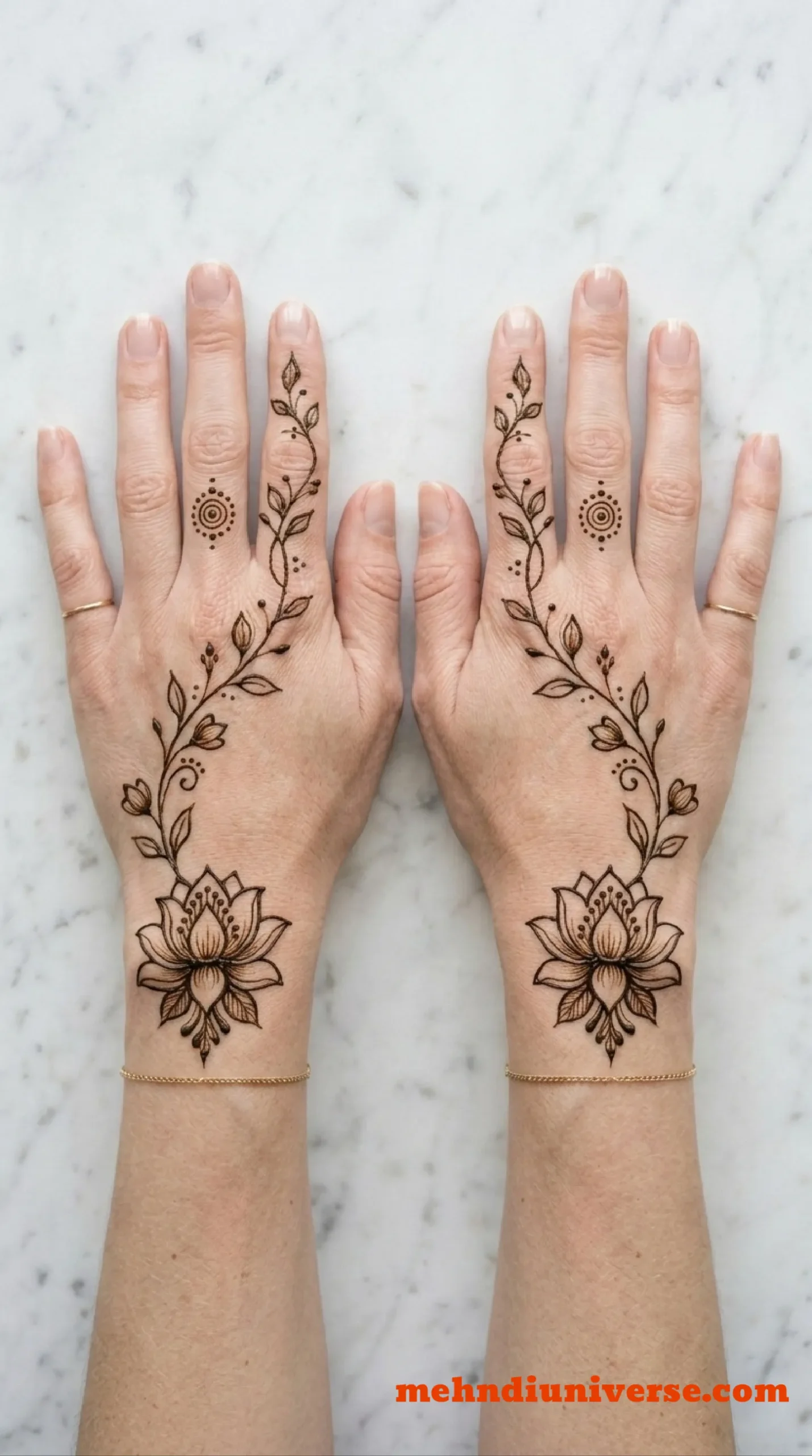 Simple graceful mehndi design with lotus vine pattern on back hands 12