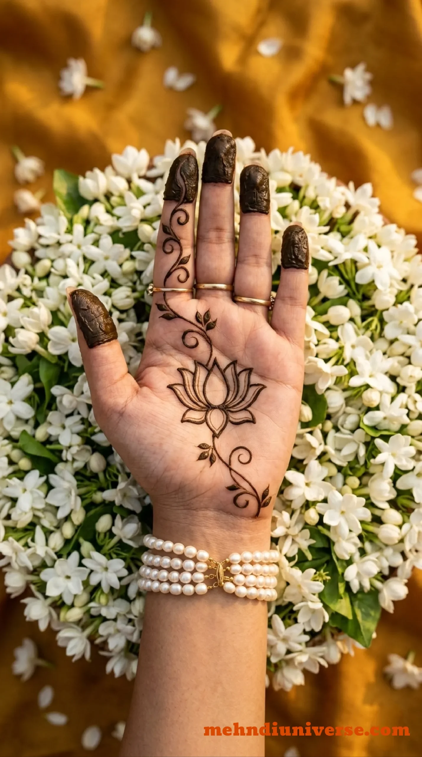Simple mehndi design on front hand with lotus vine pattern and fingertip coating 01 v2