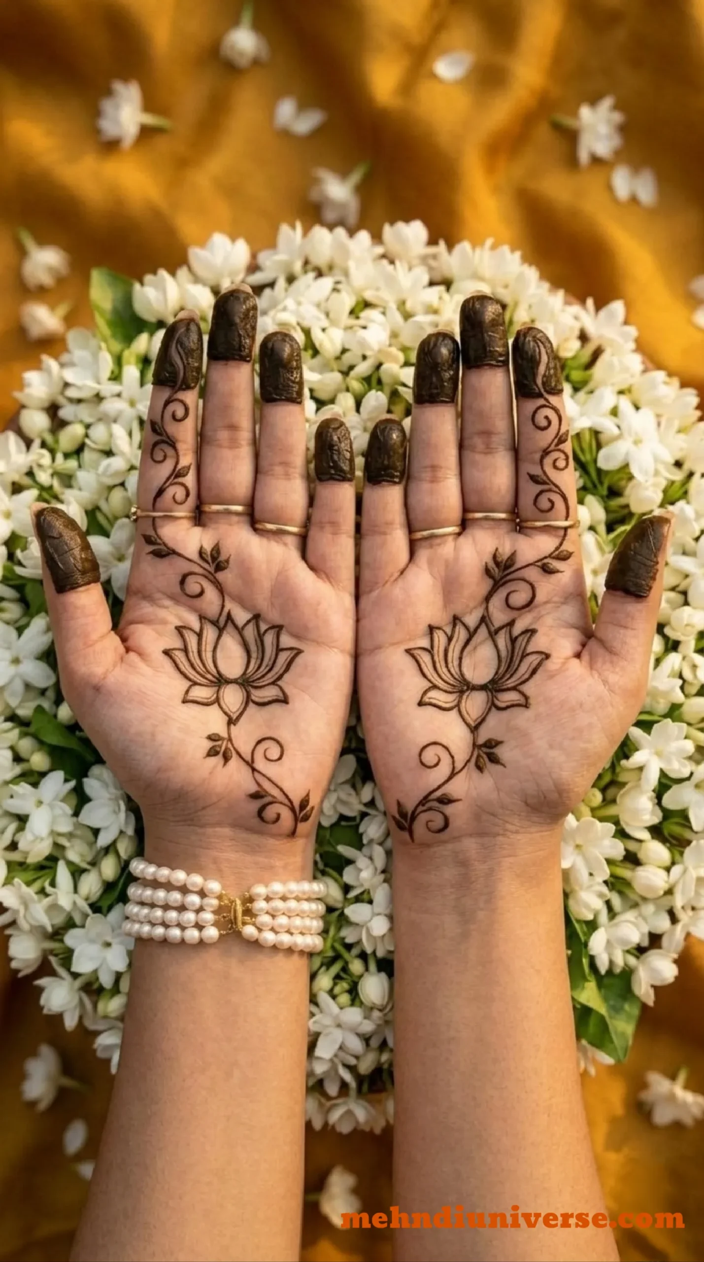 Simple mehndi design on front hand with lotus vine pattern and fingertip coating 01