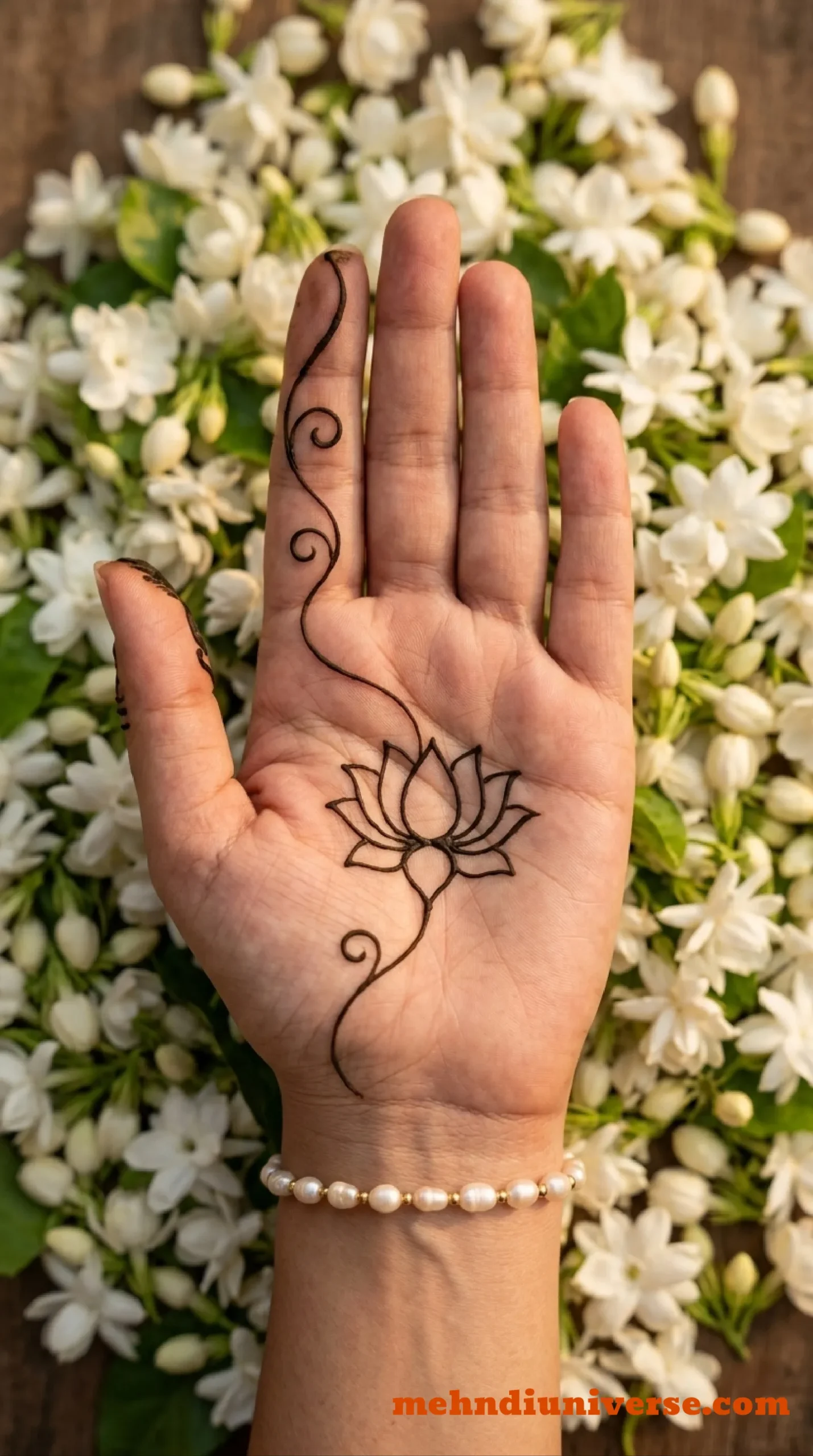 Simple minimal mehndi design on front hand with lotus vine pattern on palm 02 v1