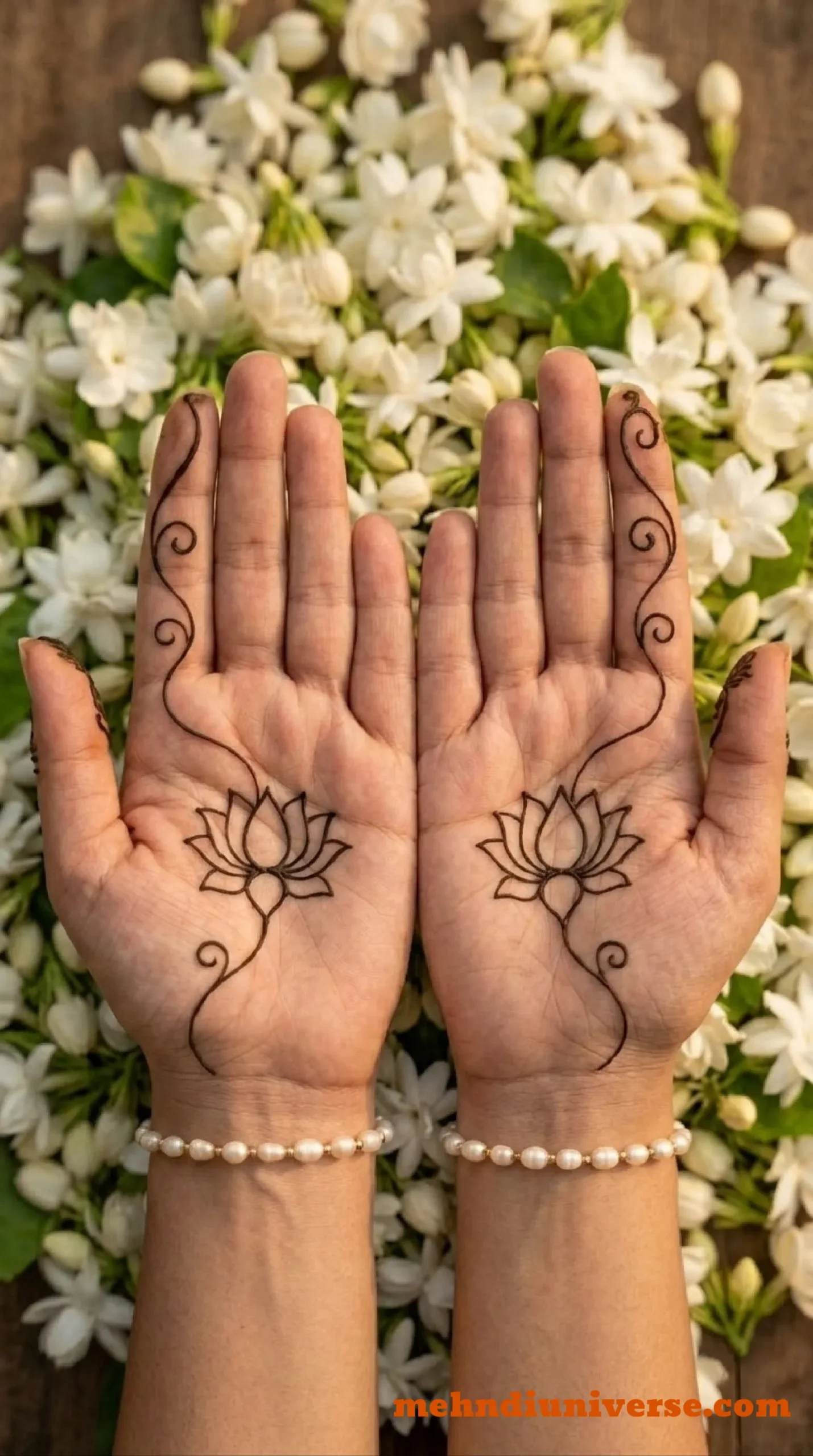 Simple minimal mehndi design on front hand with lotus vine pattern on palm 02