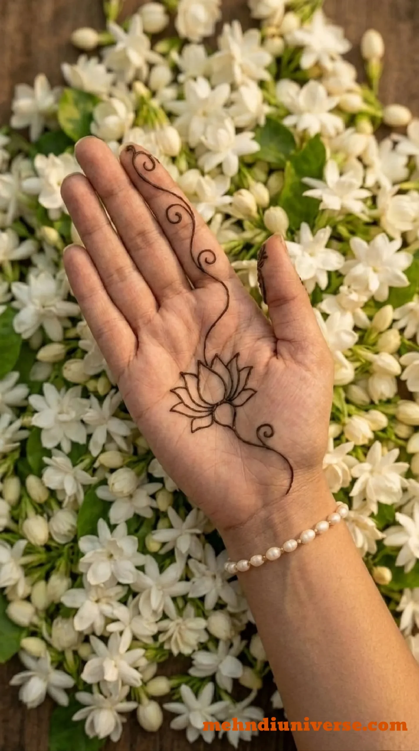 Simple minimal mehndi design on front hand with lotus vine pattern on palm 02 v2
