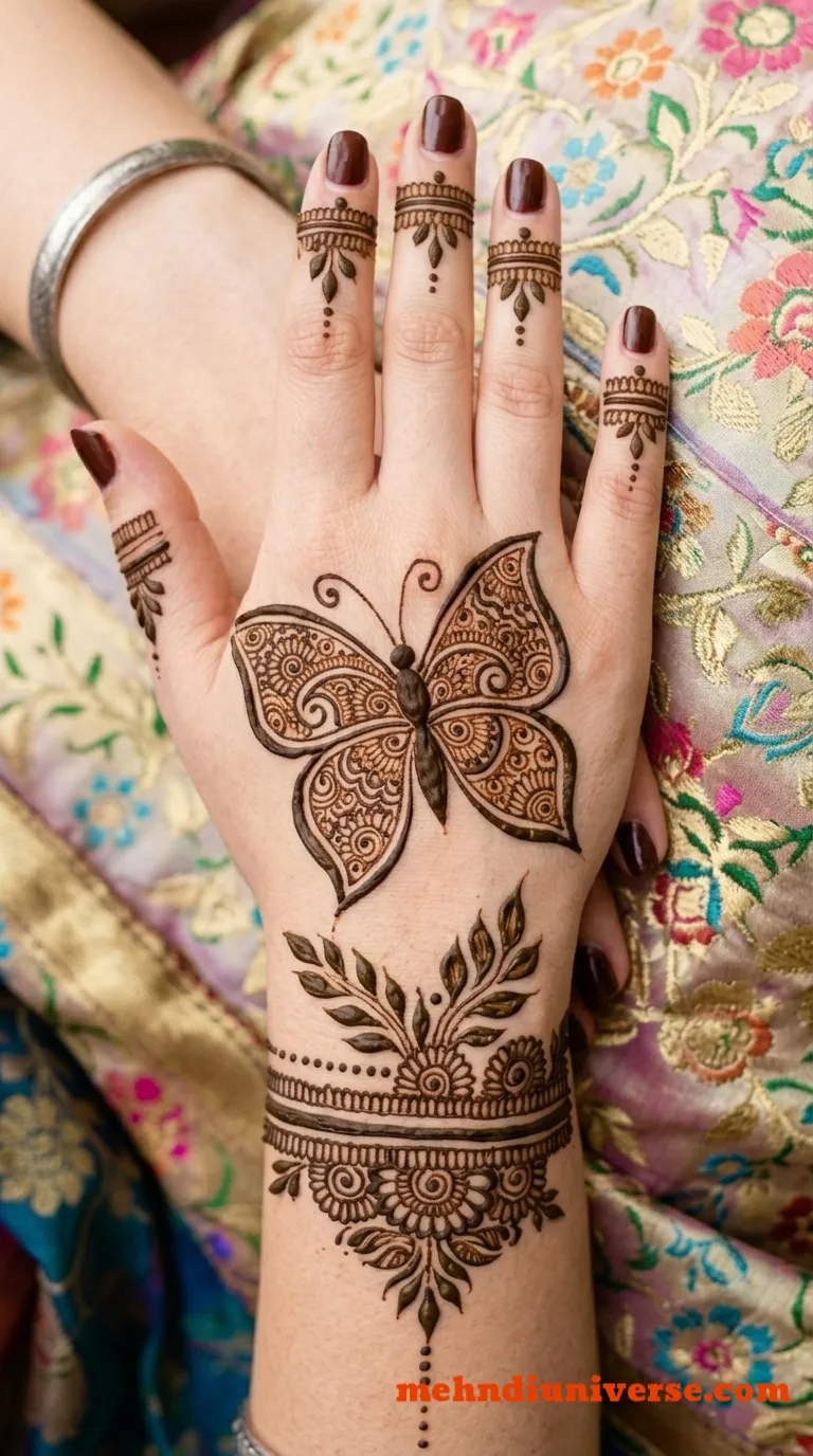 Simple majestic mehndi design with butterfly pattern on wedding back hand 11