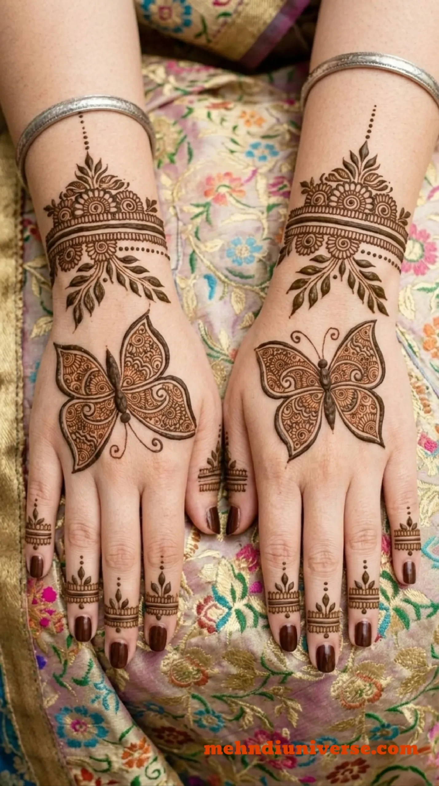 Simple majestic mehndi design with butterfly pattern on wedding back hand 11 v1
