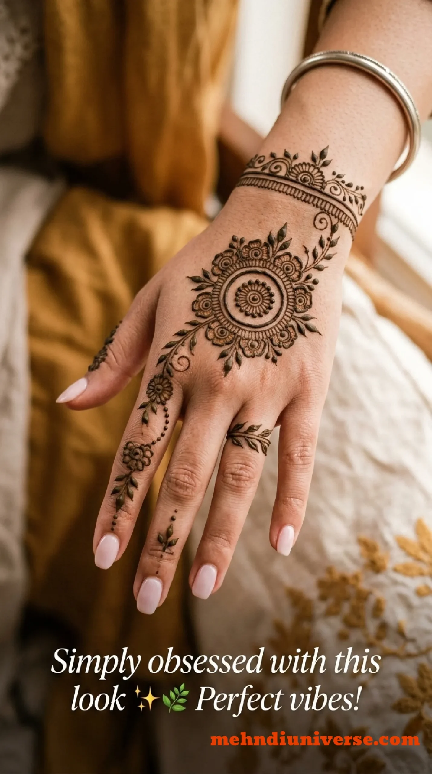 Simple opulent mehndi design with floral mandala pattern on wedding back hands 15