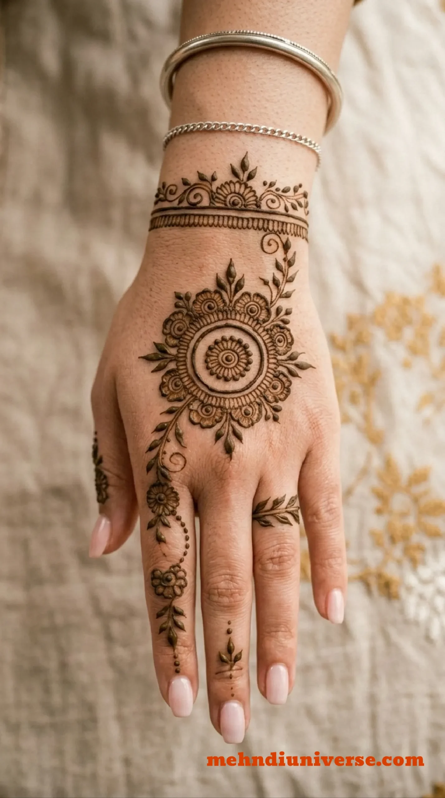 Simple opulent mehndi design with floral mandala pattern on wedding back hands 15 v2