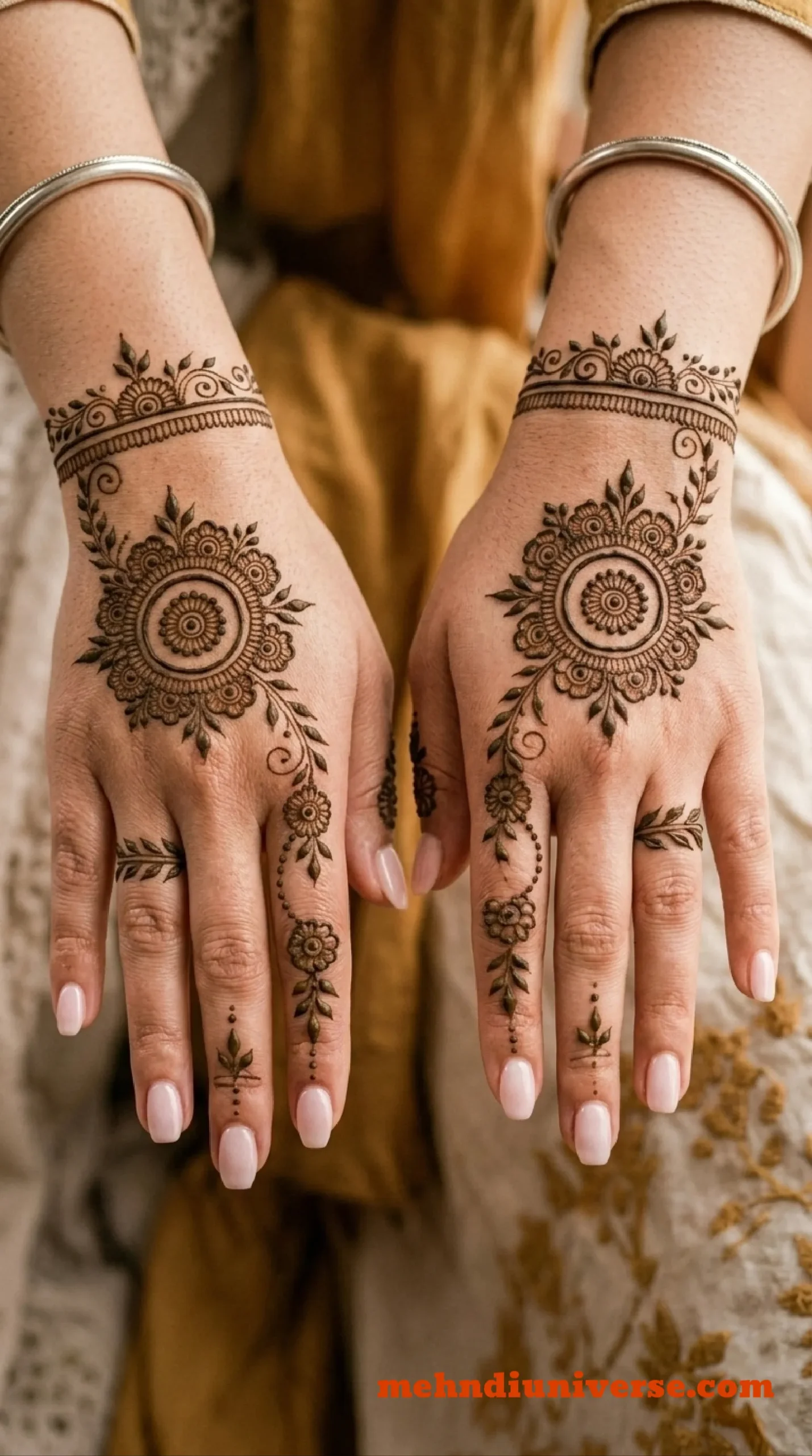Simple opulent mehndi design with floral mandala pattern on wedding back hands 15 v1
