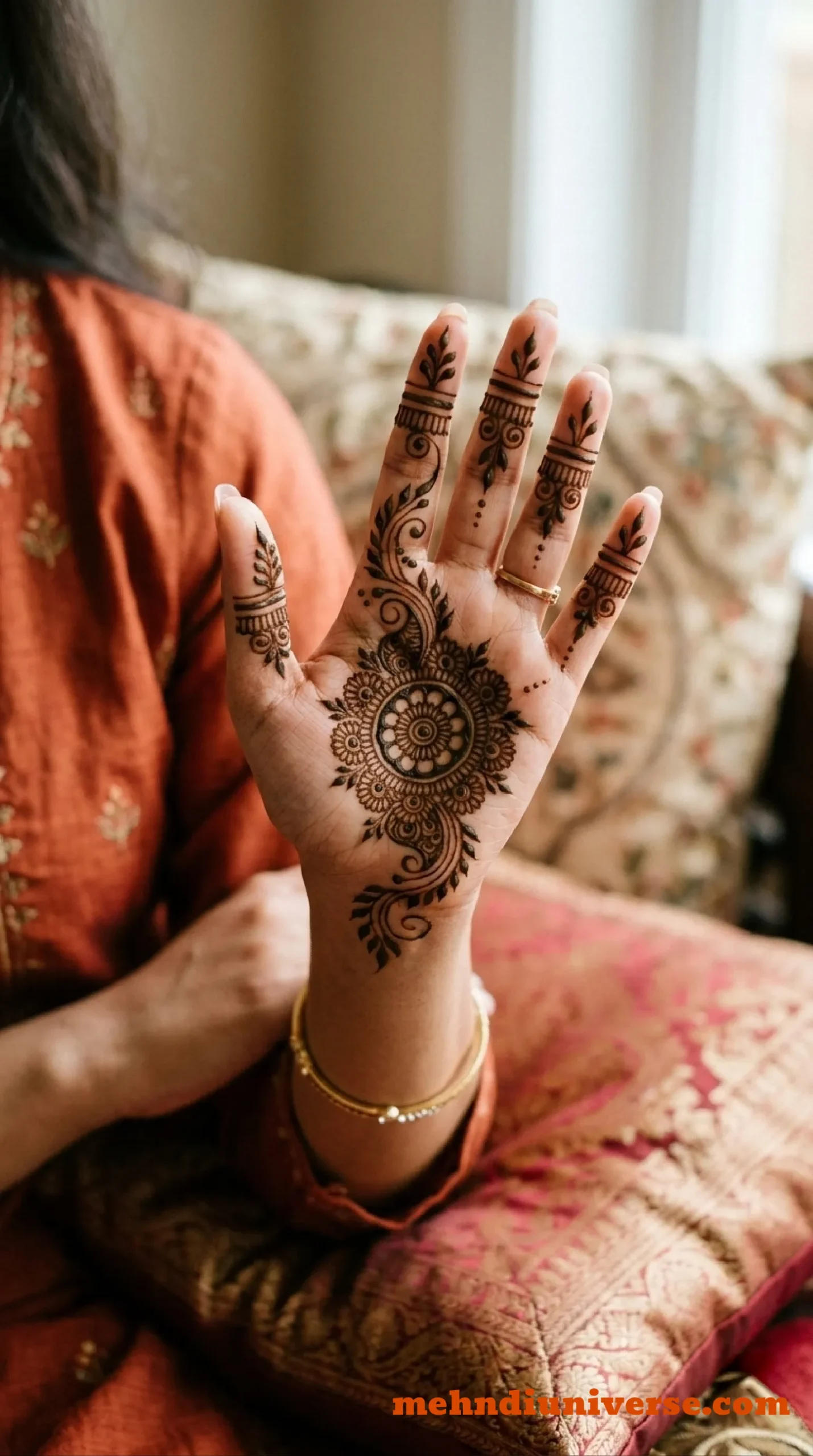 Simple ornate mehndi design with mandala pattern on wedding front hand 07 v1
