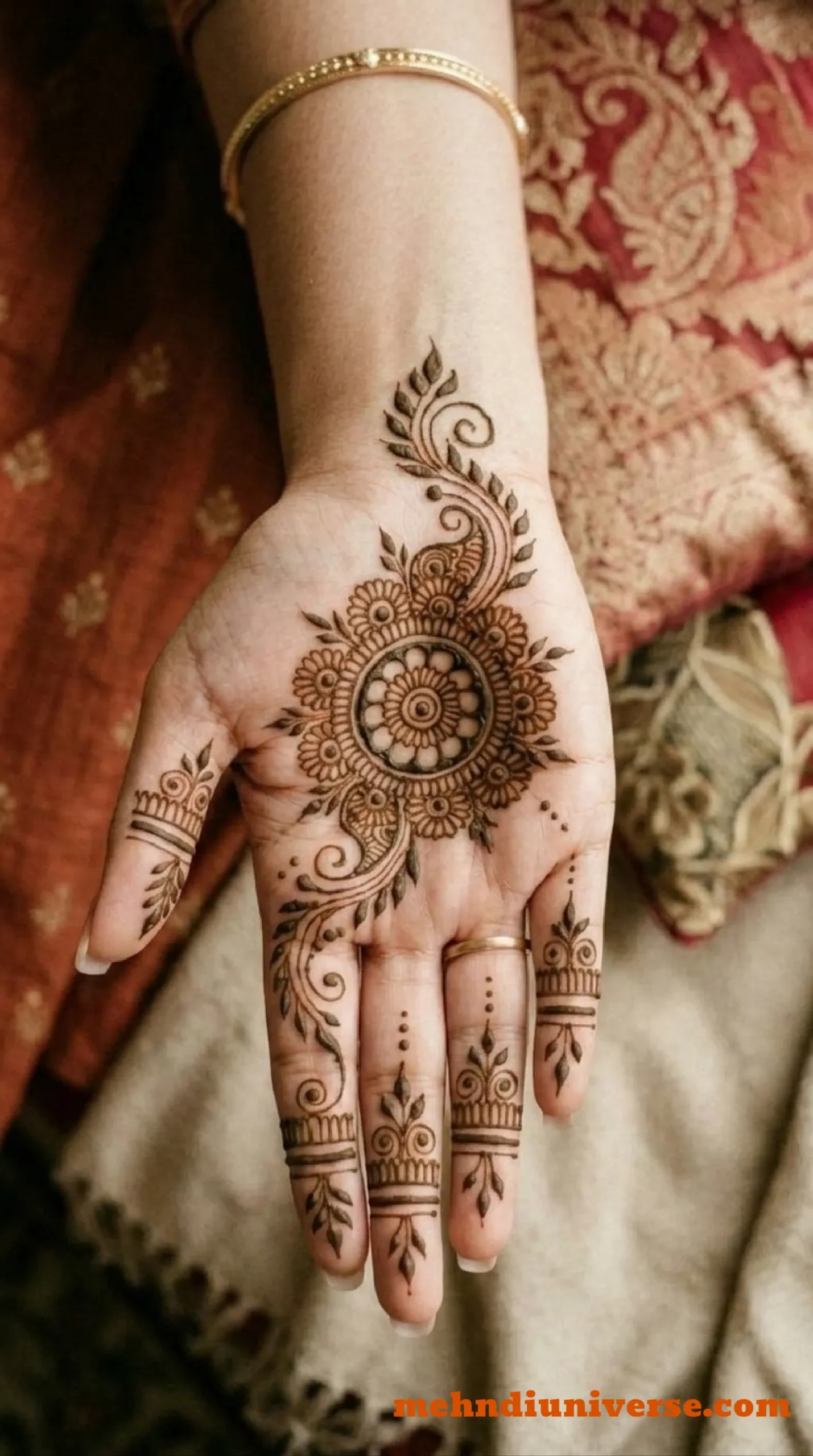 Simple ornate mehndi design with mandala pattern on wedding front hand 07 v2