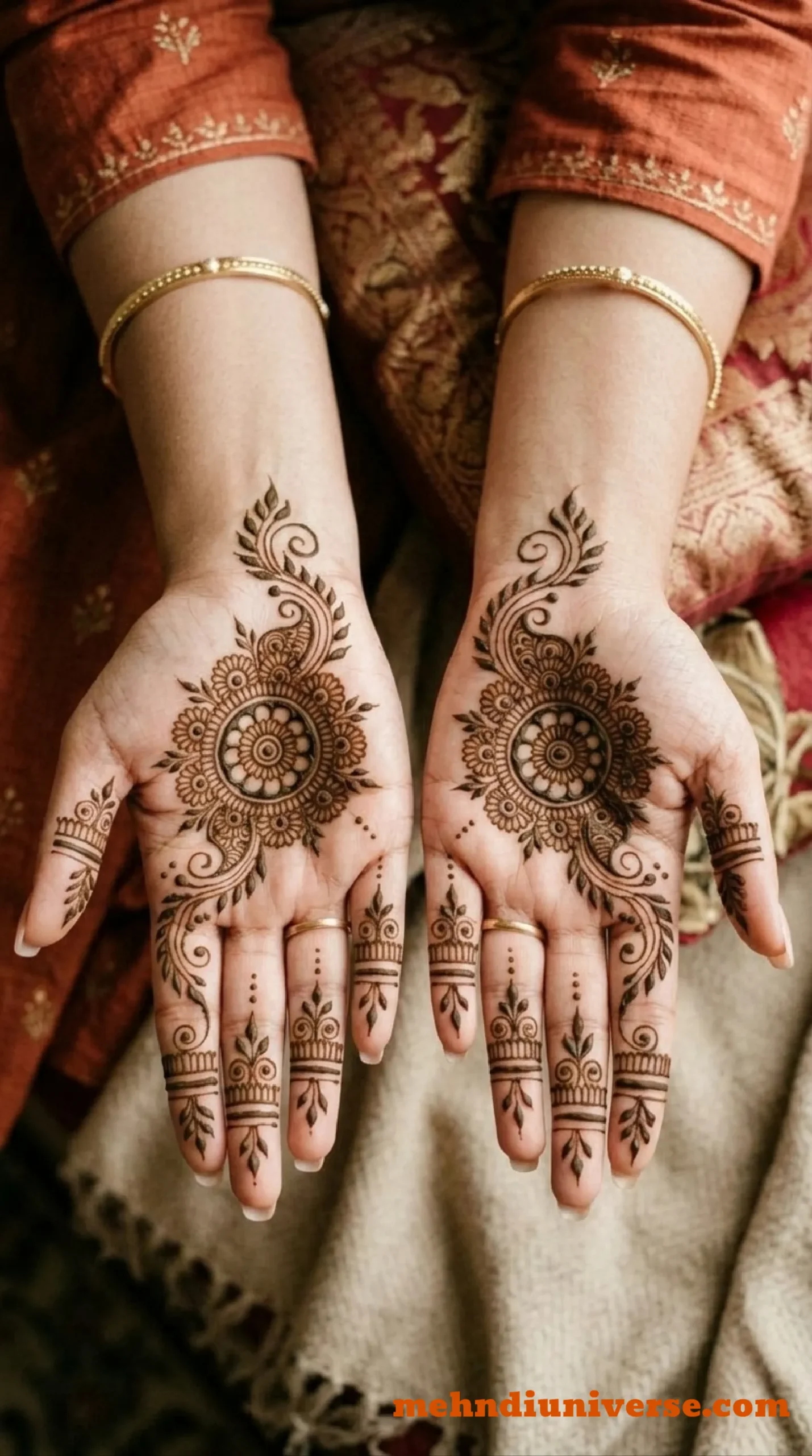 Simple ornate mehndi design with mandala pattern on wedding front hand 07