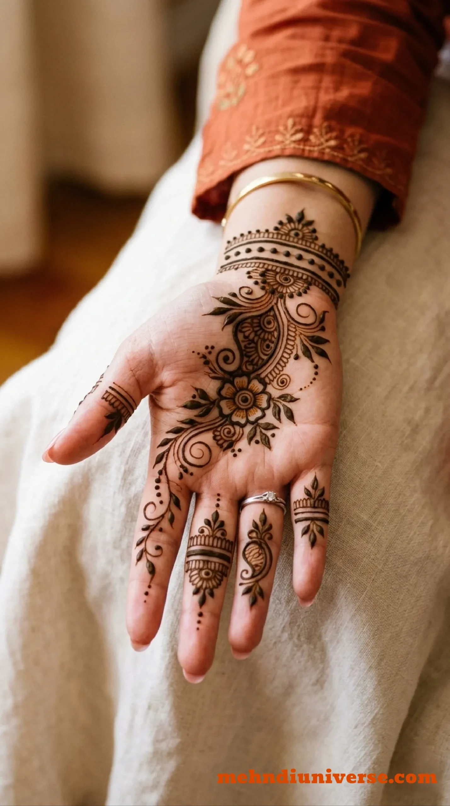 Simple elegant mehndi design with paisley bloom pattern on palm and front hand 04 v2