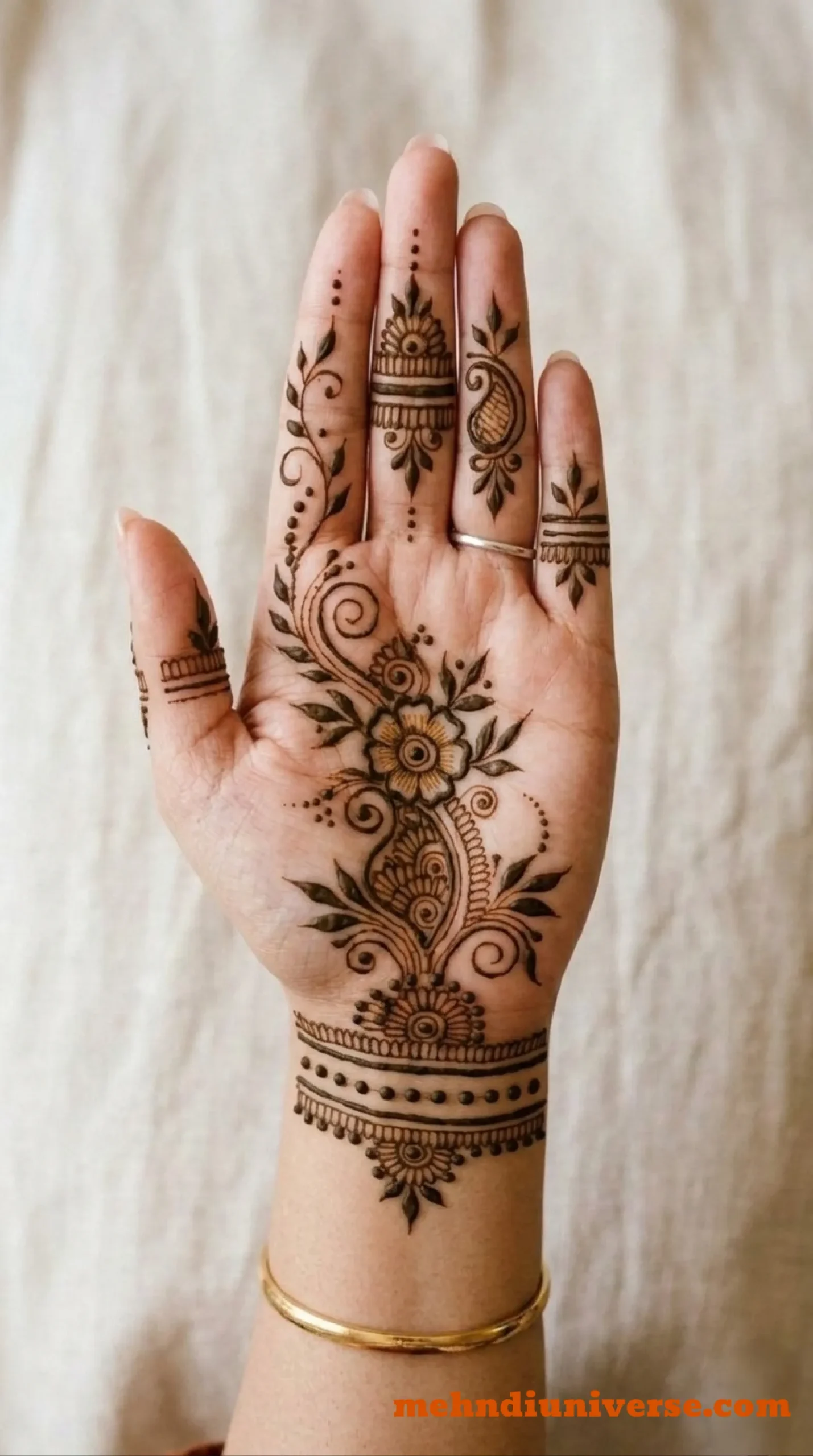 Simple elegant mehndi design with paisley bloom pattern on palm and front hand 04 v1