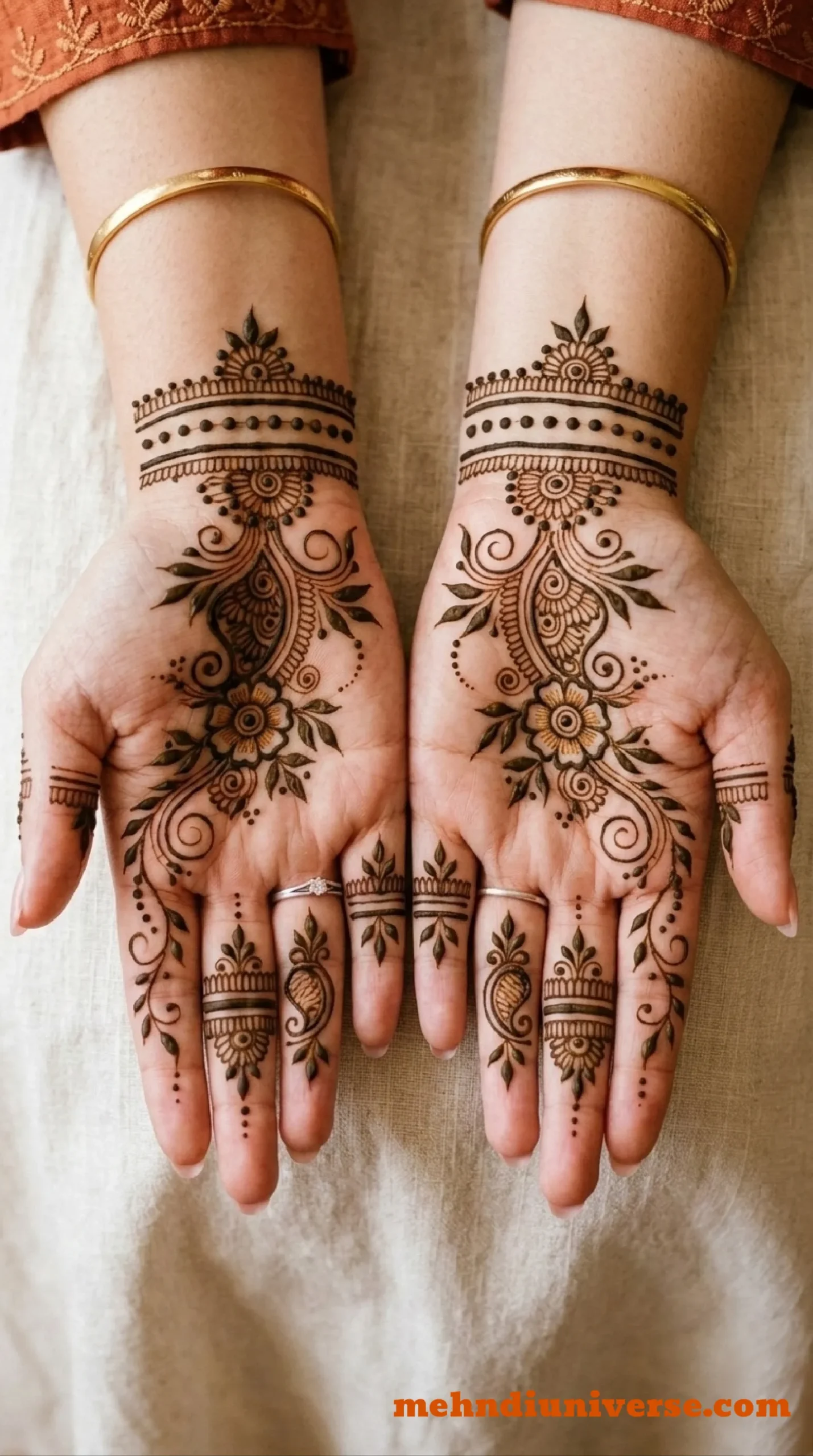 Simple elegant mehndi design with paisley bloom pattern on palm and front hand 04