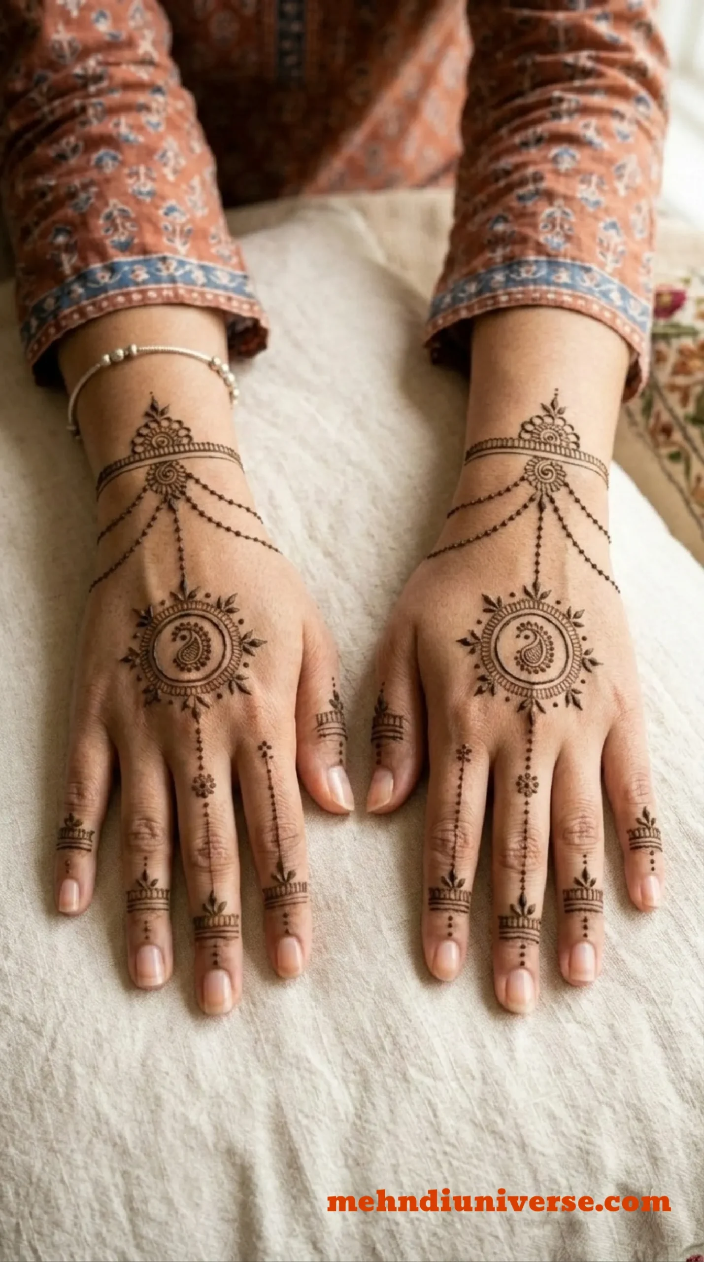 Simple mehndi design with paisley cascade chain pattern on wedding back hands 16