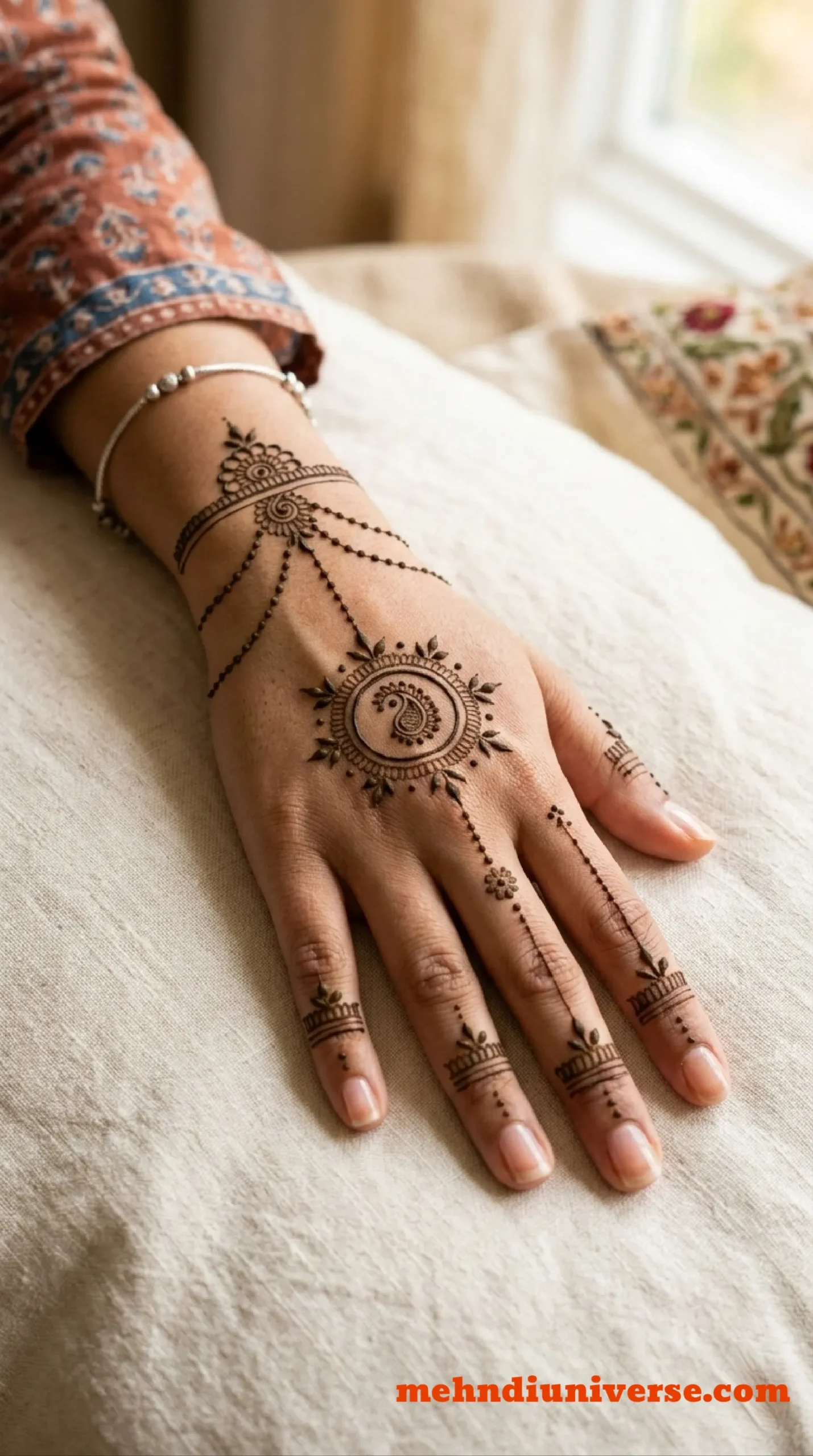 Simple mehndi design with paisley cascade chain pattern on wedding back hands 16 v1